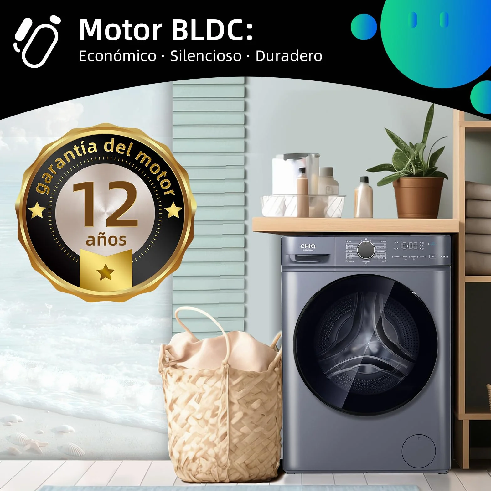 CHiQ Lavadora Carga Frontal 7kg 1200 RPM Motor Inverter Clase A Gris