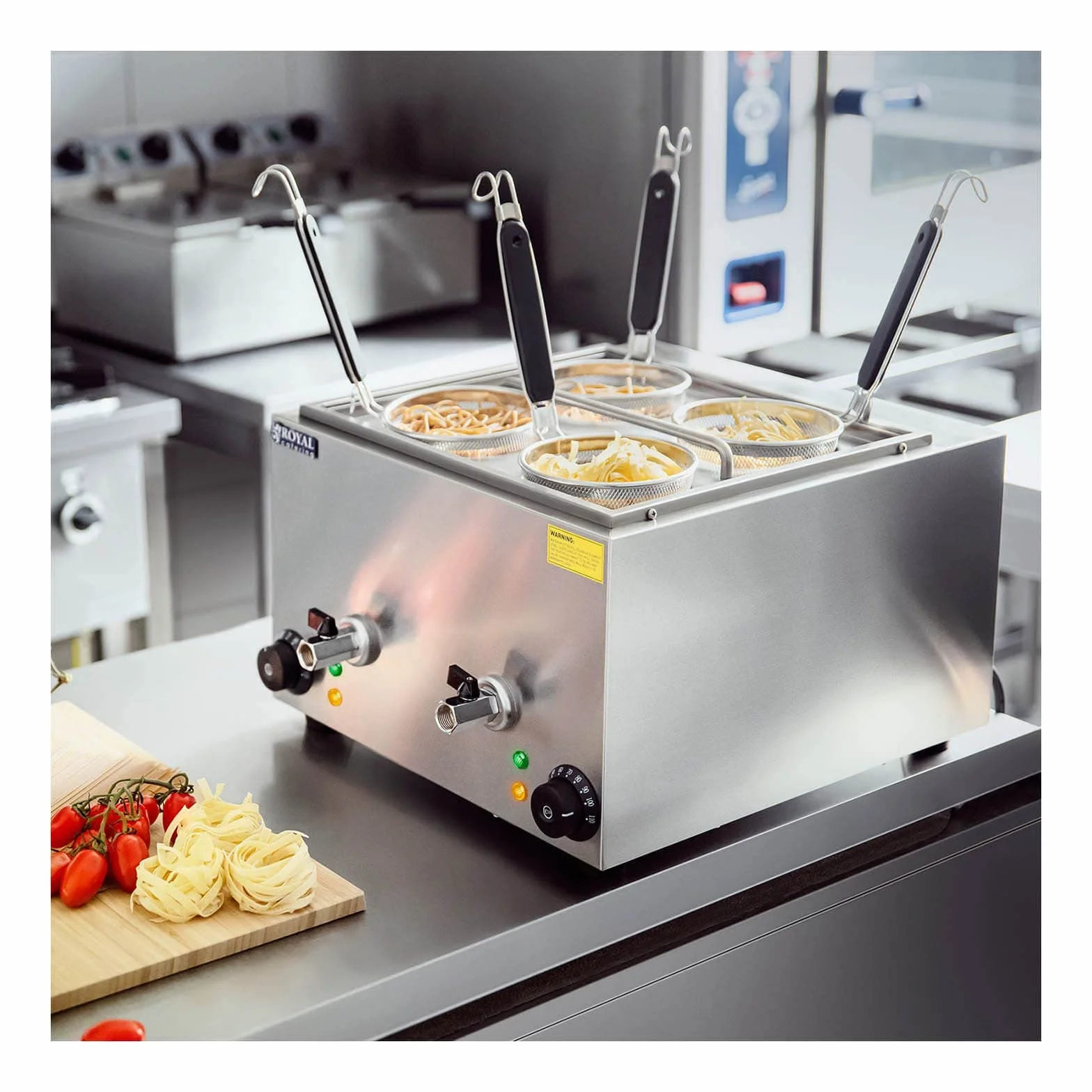 Royal Catering RCNK-4 - Cocedor de pasta eléctrico (4 L, 4 cestas, 2 x 1500 W, 230 V, grifo de drenaje, acero inoxidable)