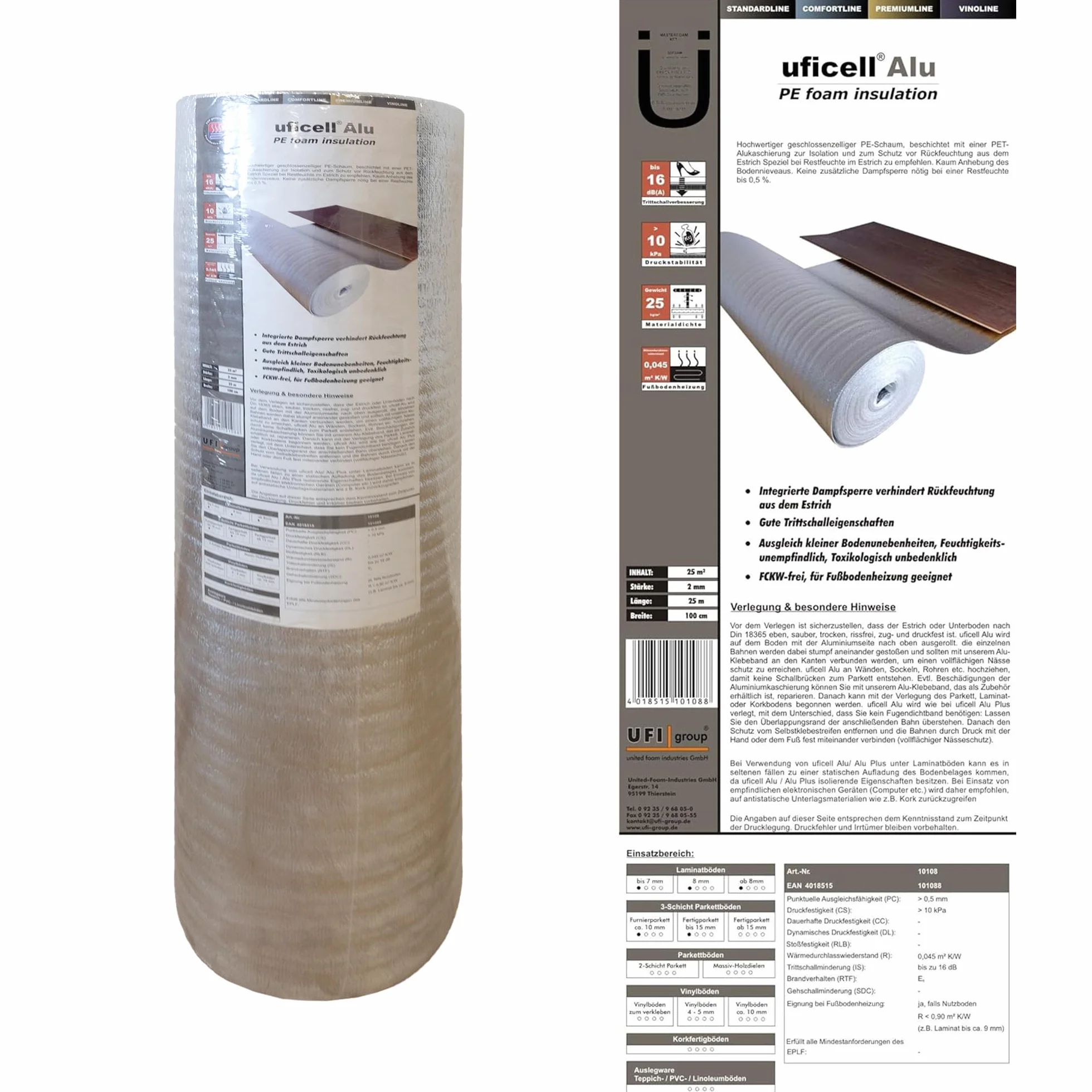 Aislamiento acústico de impacto uficell® ALU [100 m² - 4 rollos] - Espuma de PE con barrera de vapor de aluminio - Espesor: 2 mm - Aislamiento acústico de impacto y sonido de pasos