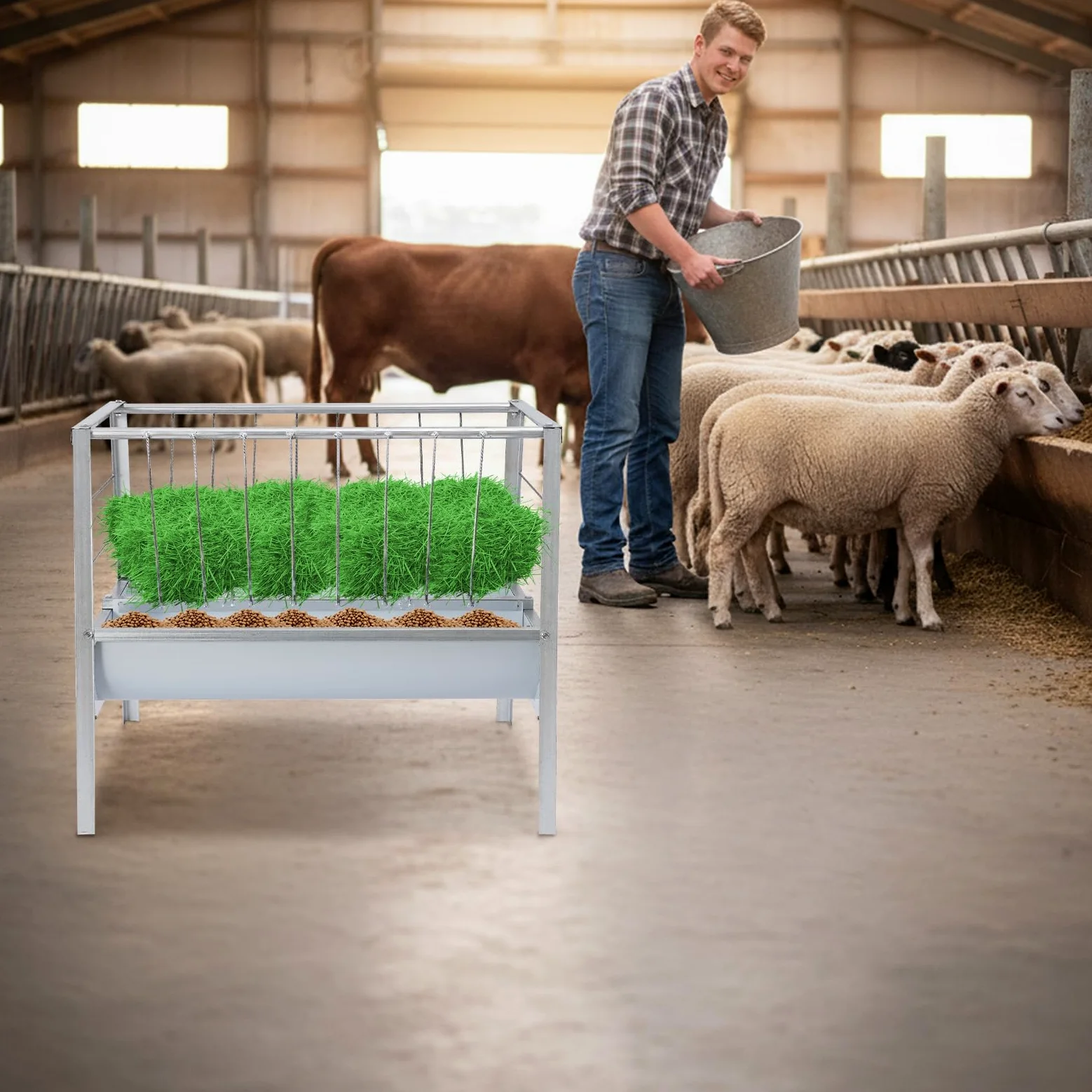 Comedero grande 2 en 1 de acero resistente para heno y cereales con más profundo y independiente, comedero para caballos, cabras, ovejas y ganado, 100 x 66 x 85 cm