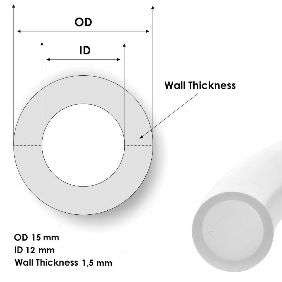 Tubo de teflón PTFE (tubo de PTFE de 12 mm x 15 mm) 5 metros - Tubo de PTFE de granulado de PTFE puro - Adecuado para -70 °C a 260 °C - Resistente a productos químicos - Muy bajo coeficiente de