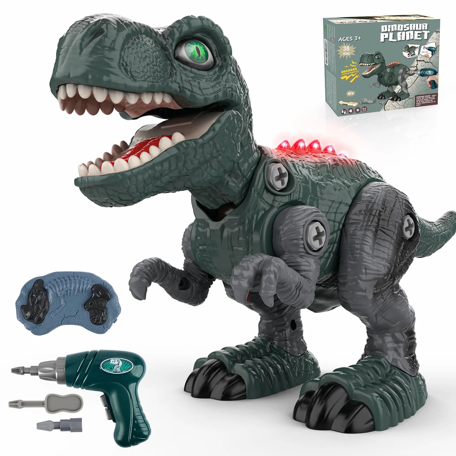 Buoeuik Dinosaurio Control remoto Taladro eléctrico DIY Construcción RC Dino Robot con sonido y luz Juguete educativo 3-8 años