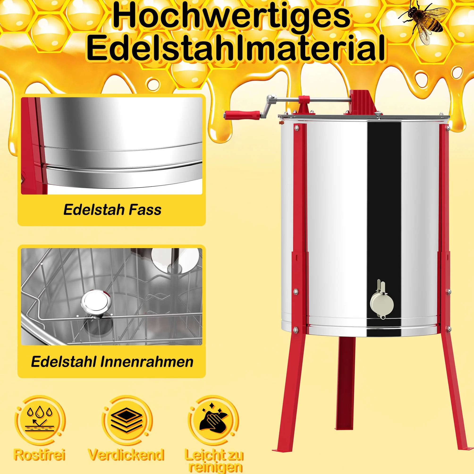 FIVMEN Extractor de miel manual de 4 panales de acero inoxidable, extractor de miel con alimentación tangencial con tapa, accionamiento manual y patas ajustables, accesorios universales para