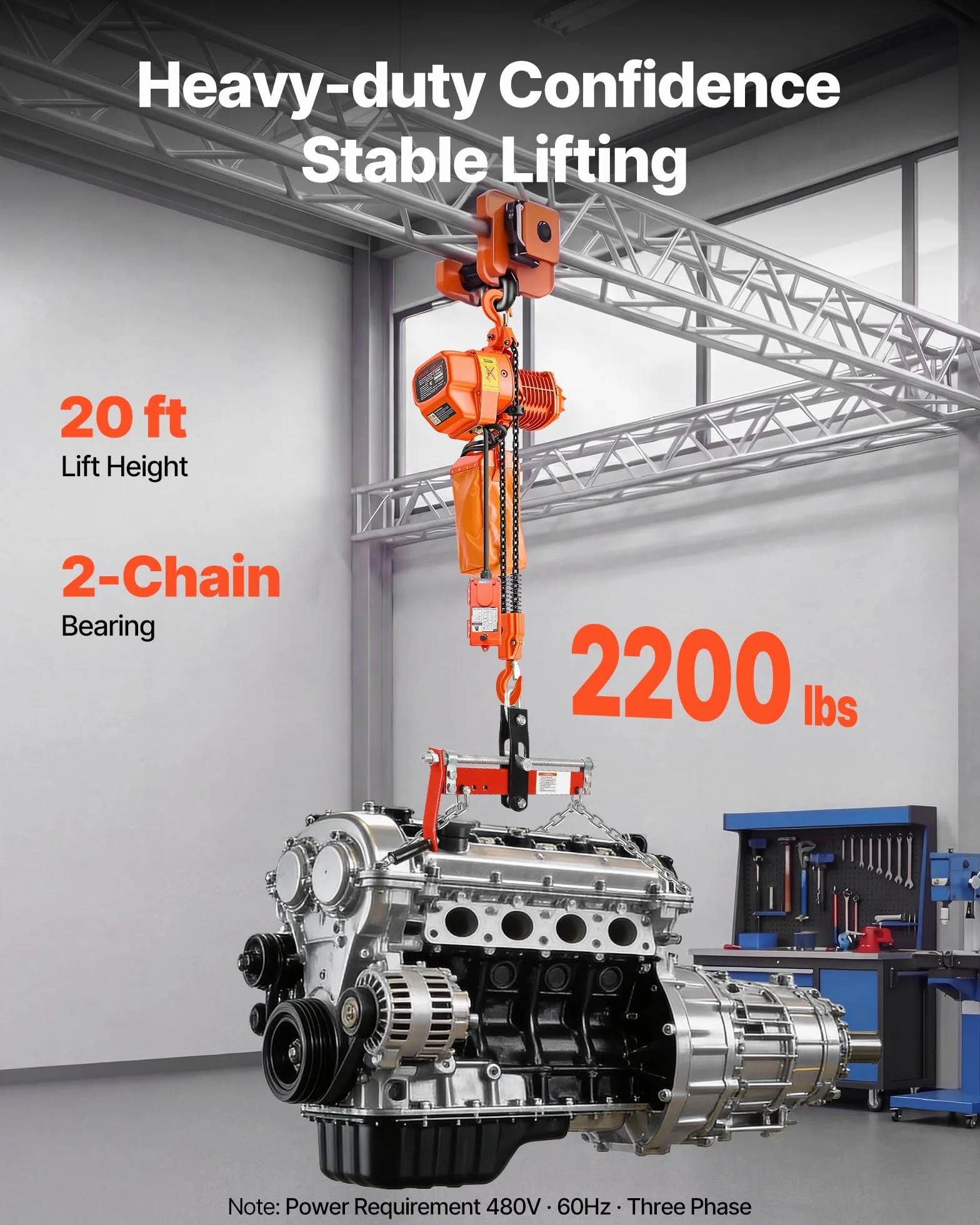 VEVOR Polipasto Eléctrico de Cadena Carga 1000 kg, Elevación de 6 m, Trifásico 480 V, 60 Hz, Doble Velocidad 1,2 y 4,2 m/min, Control Remoto por Cable e Inalámbrico, Acero G80 para Motor Garaje Taller