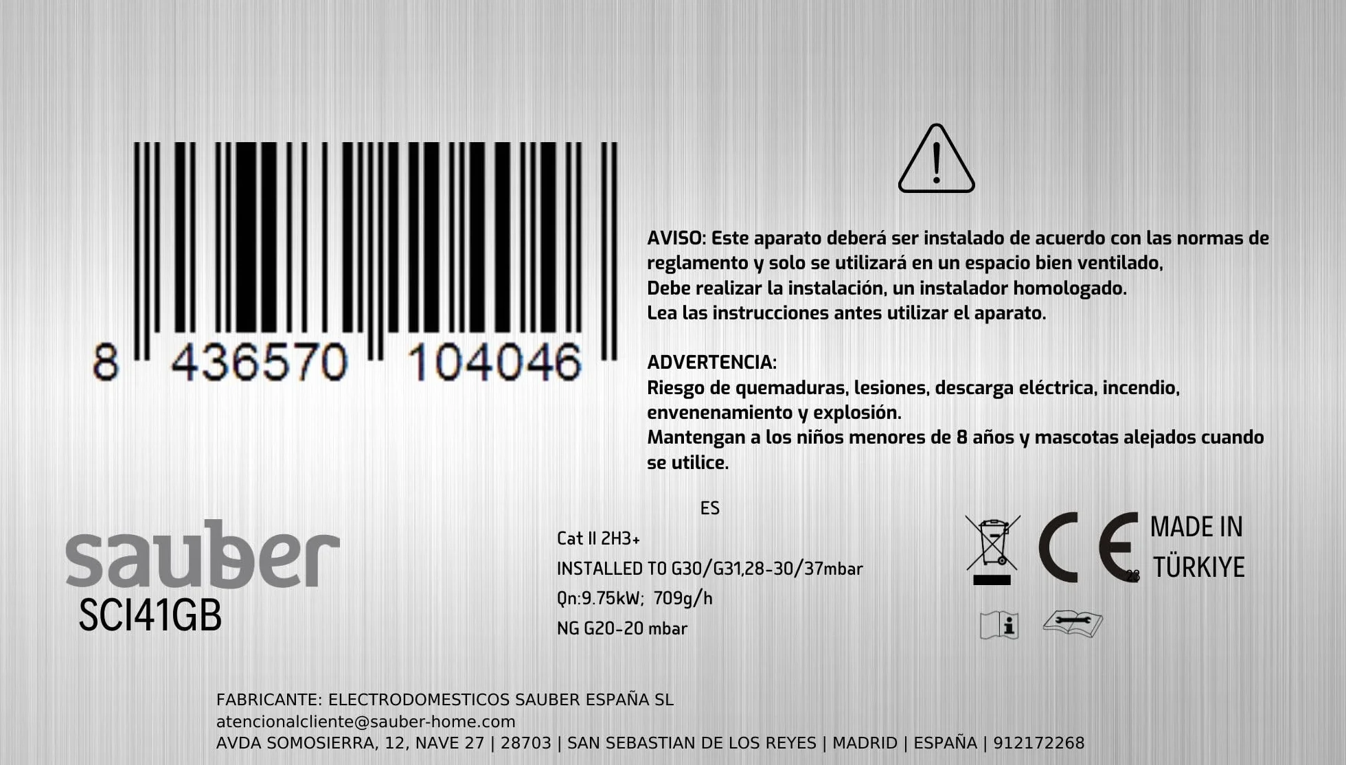 Sauber COCINA SCI41GB 4 Quemadores Gas Butano 50X55 Tapa Cristal Inox