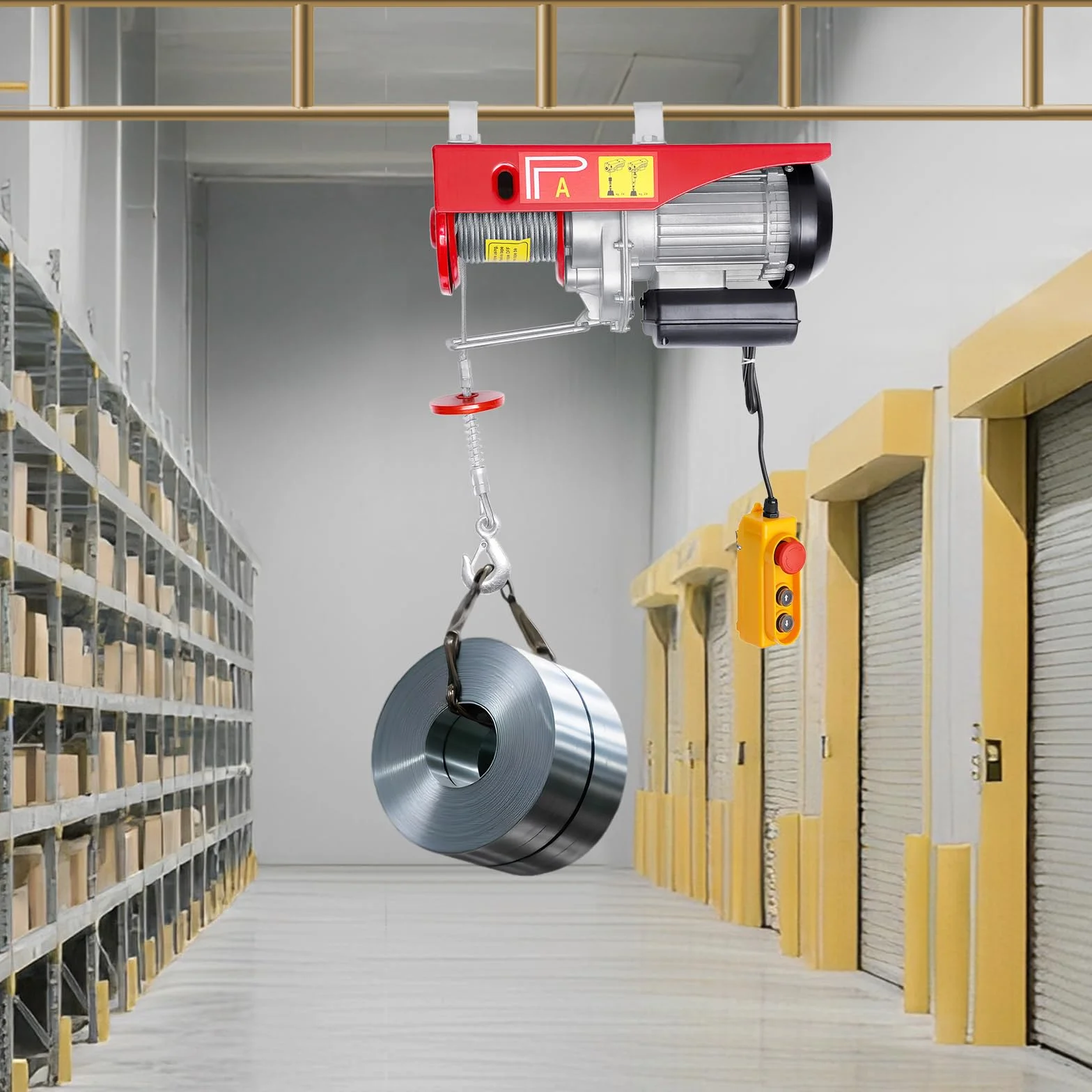 Polipasto eléctrico 800kg, andamio de cabrestante aéreo, Grúa e-Hoist 220V, con dos eslingas Control remoto inalámbrico 80m 12m cuerda de alambre, para Garaje almacén Planta de elevación Planta