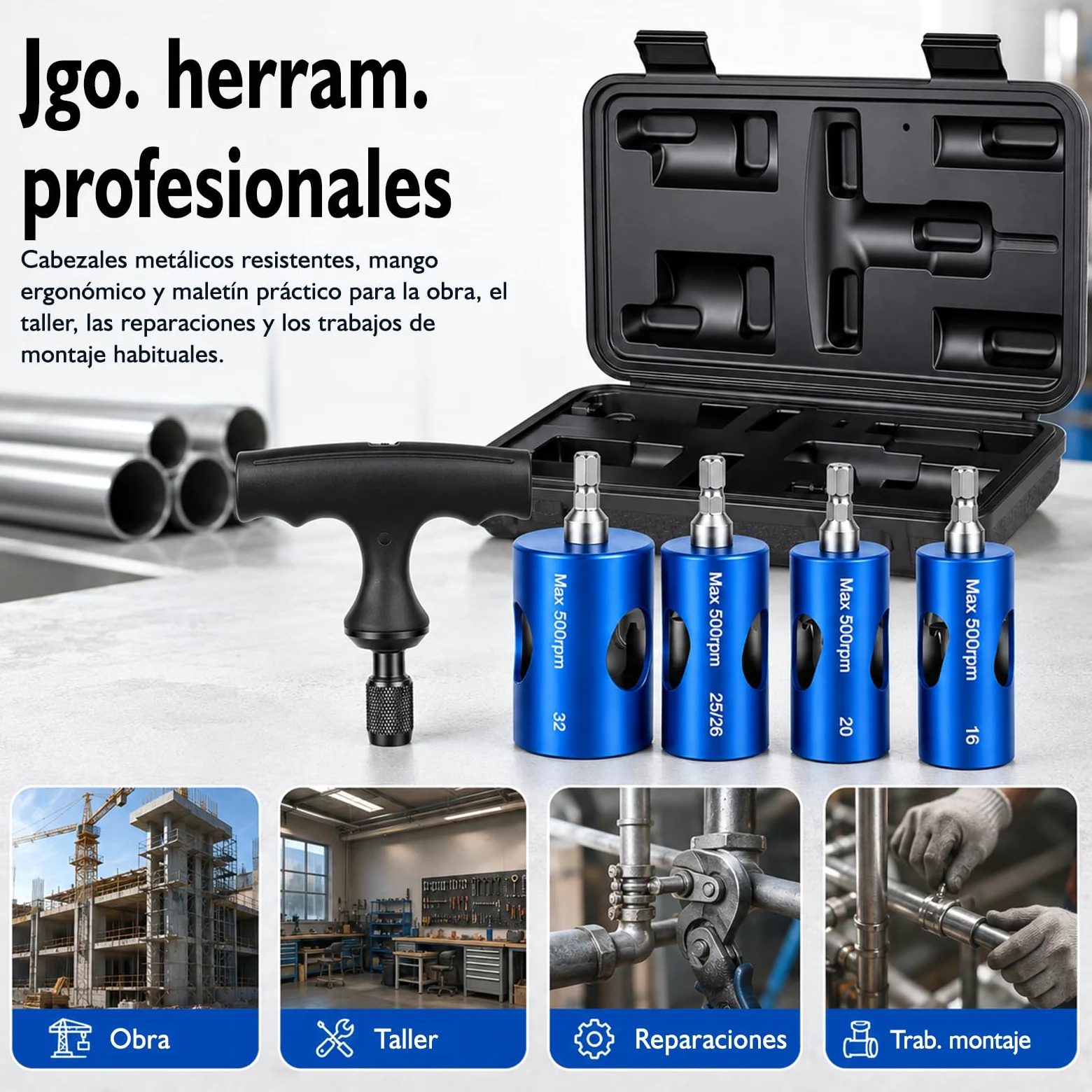 Kit Pro Escariador, Abocardador y Calibrador Multicapa Ø16-20-25/26-32 mm, Desbarbador para Taladro con 4 Cabezales, Mango y Maletín PEX PER