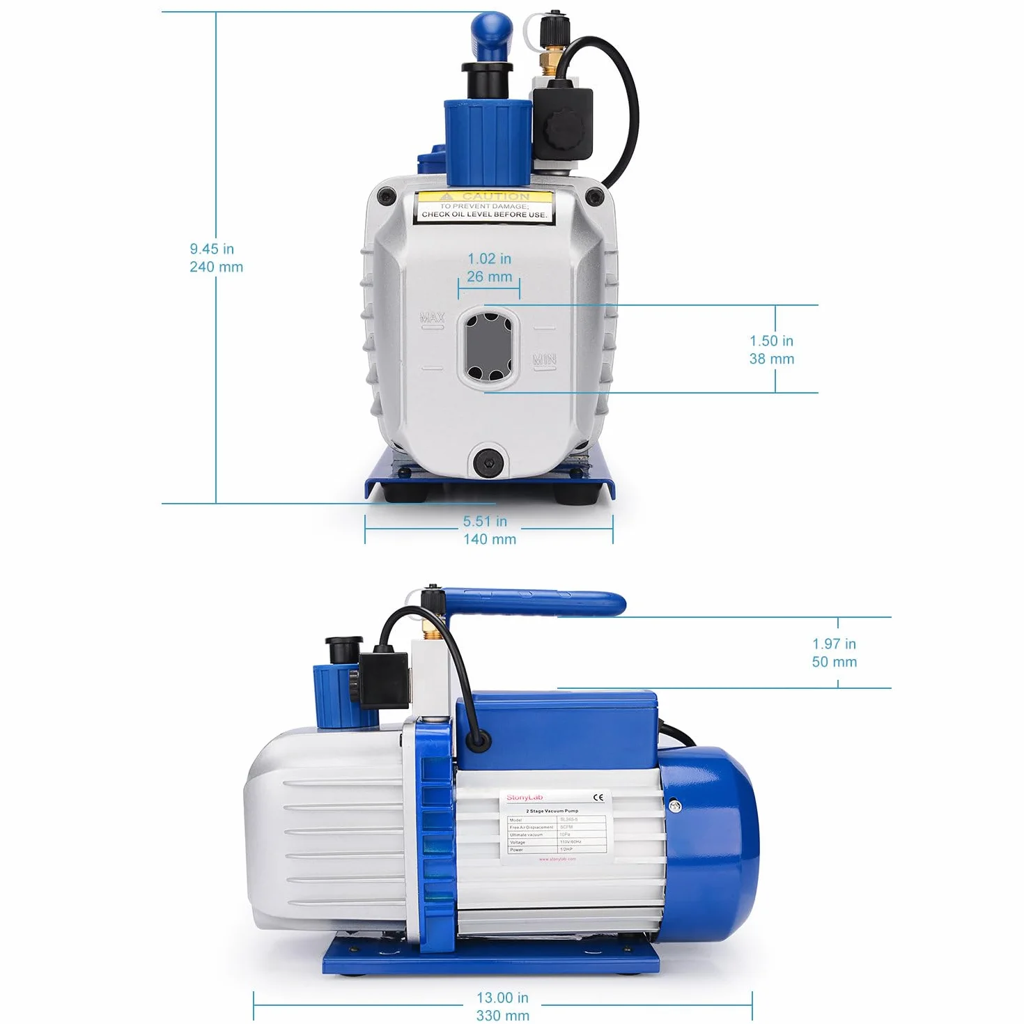stonylab Bomba de Vacío Paletas Rotativas, 4.5 CFM 10-15 Pa 1/2 HP Bomba de Vacío Compacta de 2 Etapas para HVAC AC Refrigerante Recarga aire Herramienta