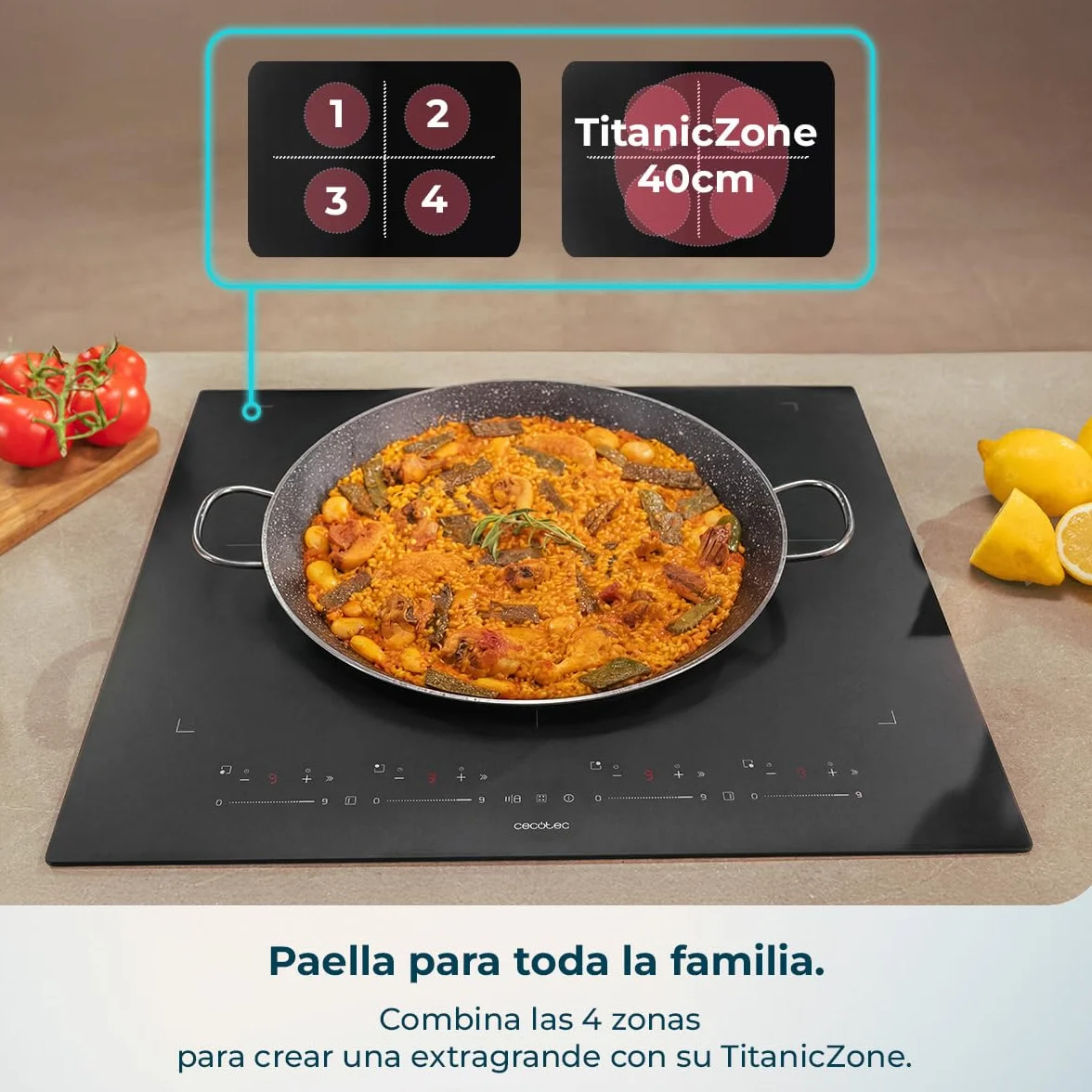 Cecotec Placa de Inducción 4 Fuegos Bolero Squad I 4700 TitanicZone ShieldGlass 7400W Touch Slider Control