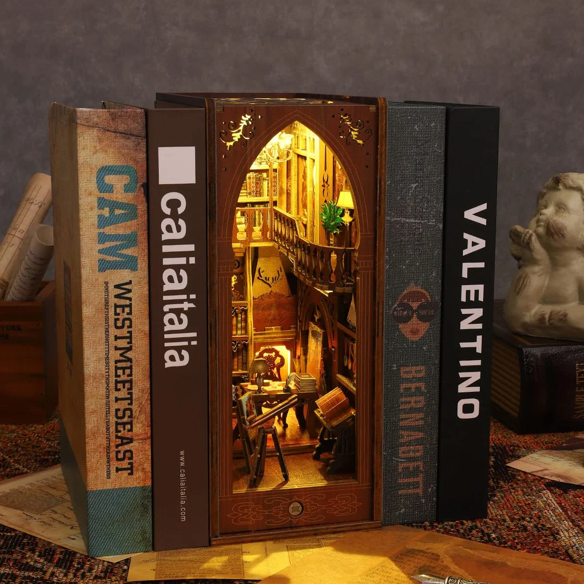 Kit de esquina libro DIY rompecabezas de madera 3D Sujetalibros con luces LED para adultos y niños