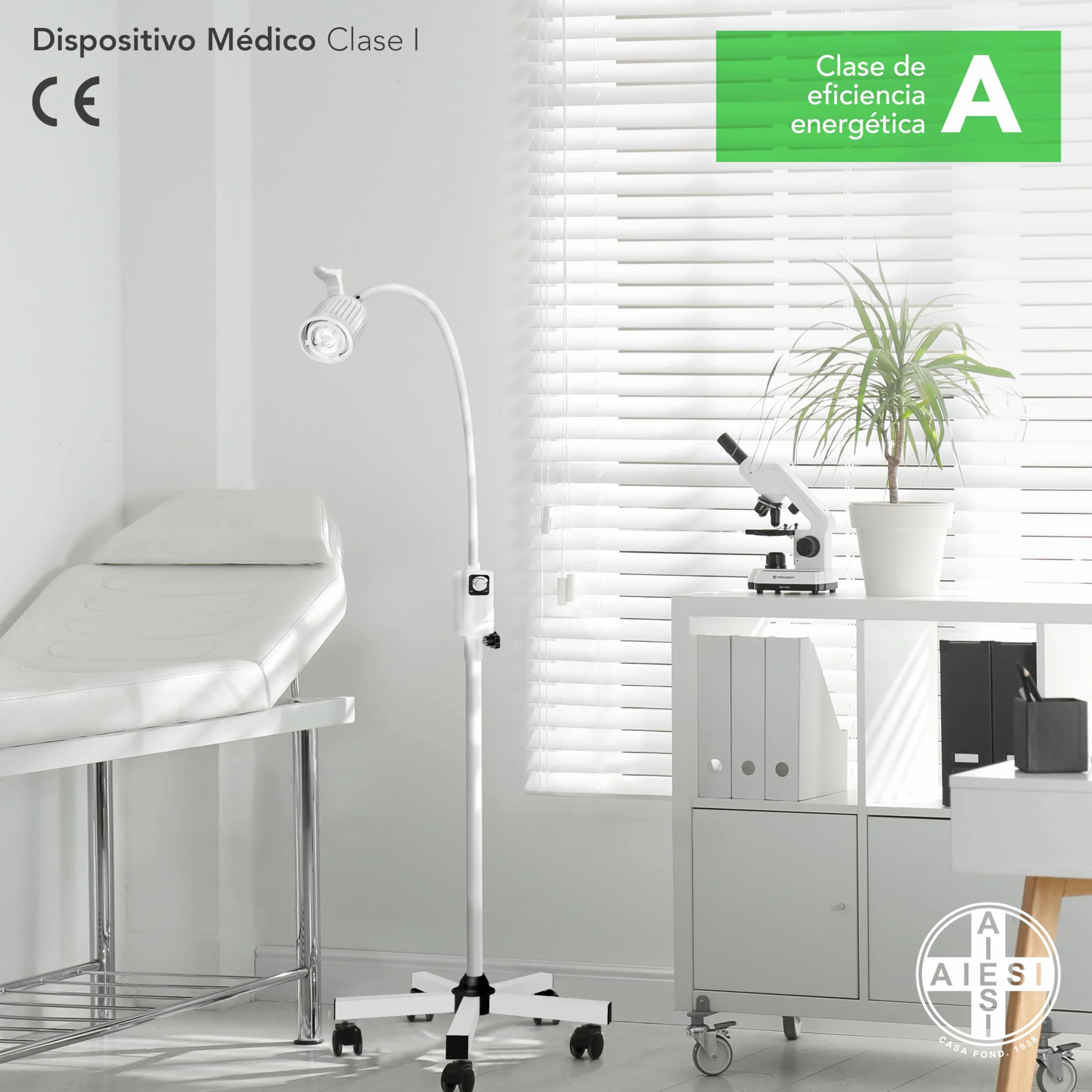 AIESI® Lámpara de exploración médica LED con brazo flexible en soporte con ruedas giratorias para uso médico, Articulación direccional, Garantía 24 meses