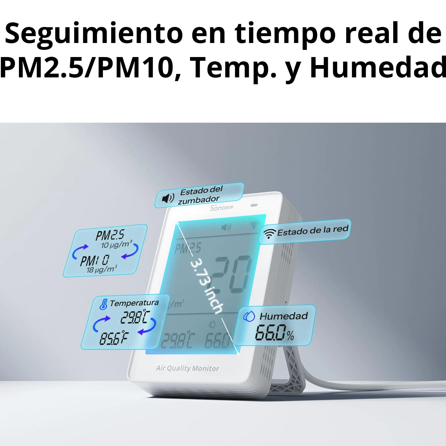 SONOFF Monitor inteligente de calidad del aire, PM2.5, detector PM10, temperatura/humedad, pantalla en tiempo real y alarma
