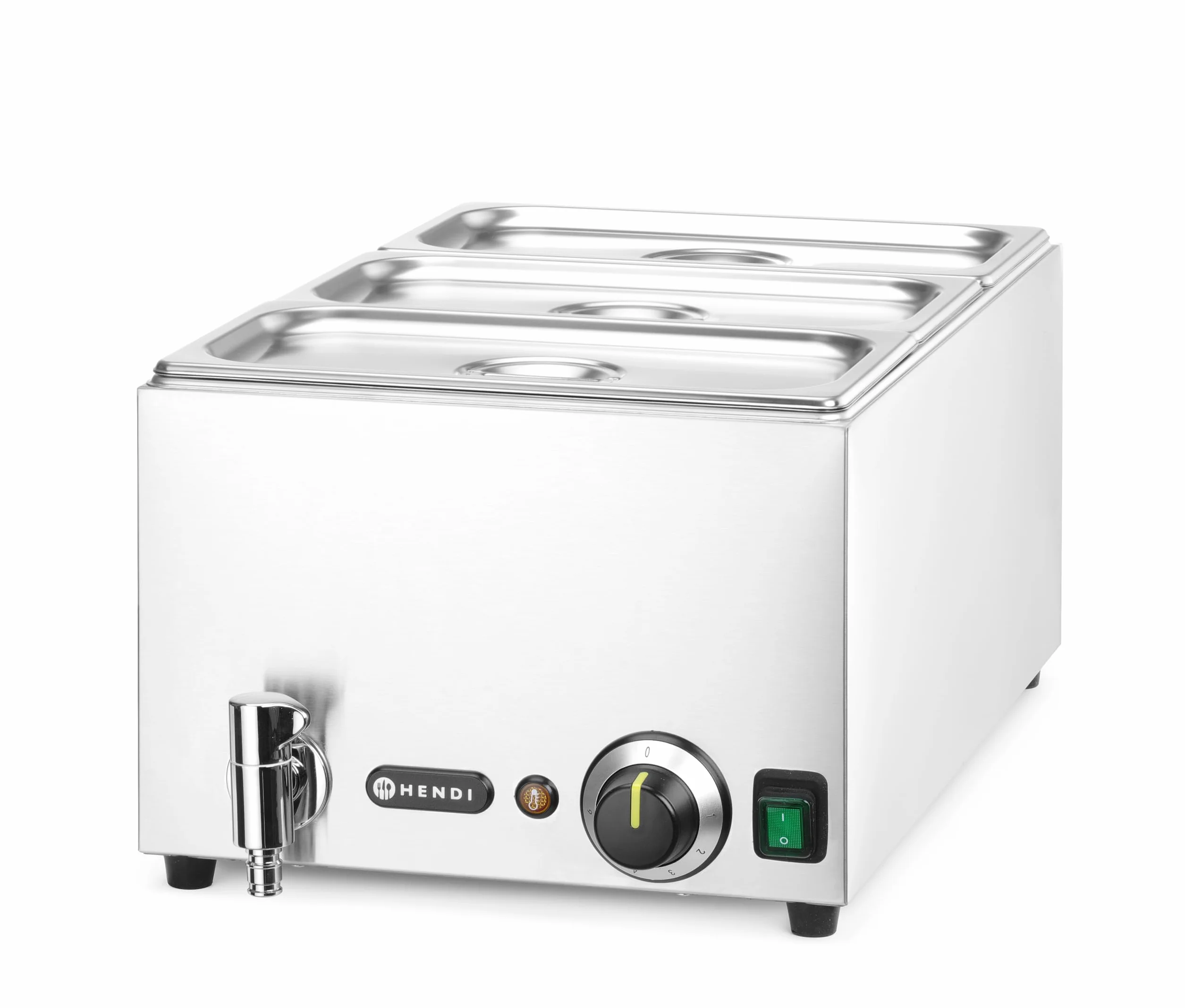 HENDI Baño María eléctrico, con grifo, sistema de calentamiento al baño María, temperatura regulable 30 °C a 85 °C, incluye 3 x GN1/3 con tapa, 19L, 230V, 1000W, 605x332x(H)242mm, acero inoxidable