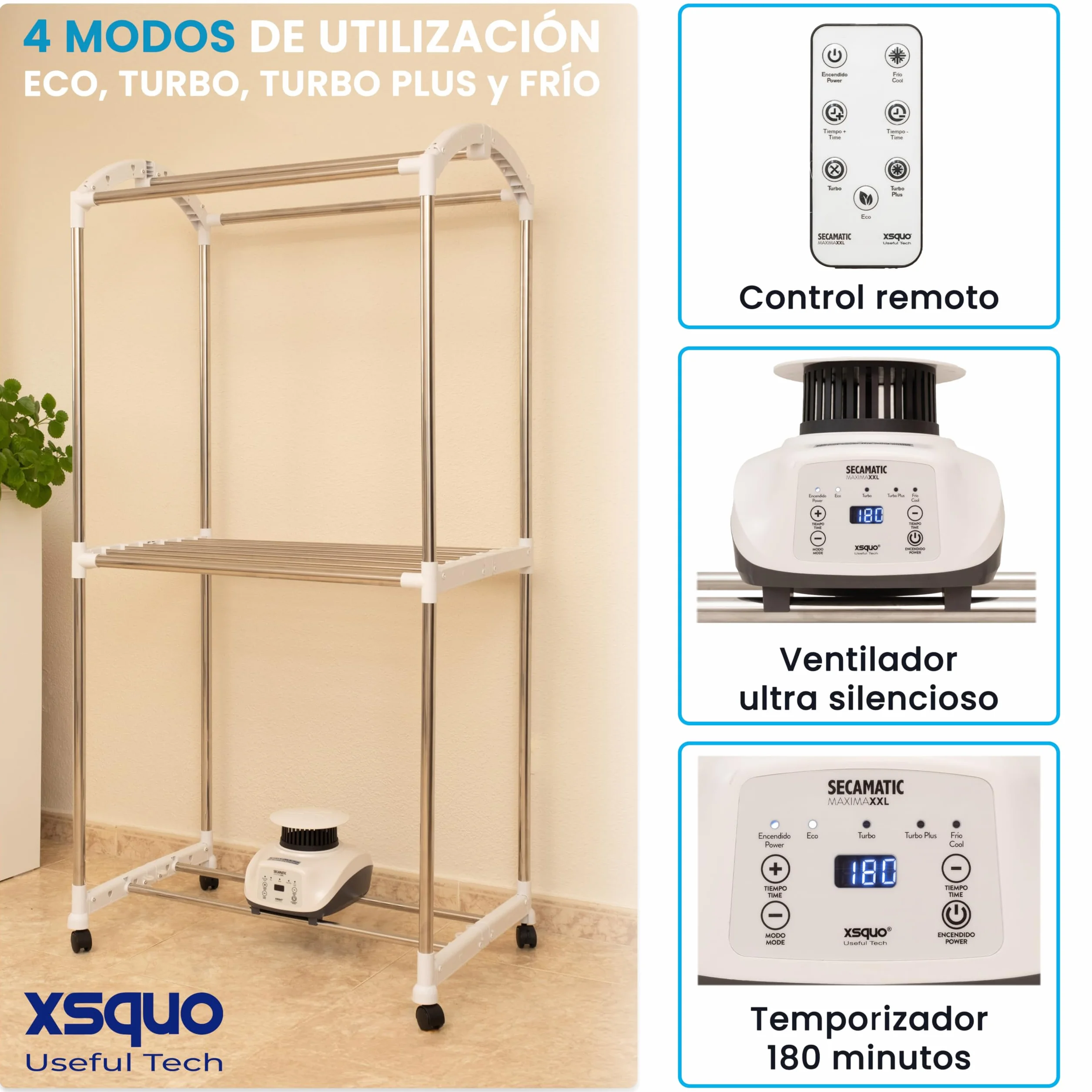 Secadora de ropa Secamatic XXL 1500W 12 kg 20 kg Tendedero Armario control remoto Temporizador digital 180 min ECO Turbo Plus Frio