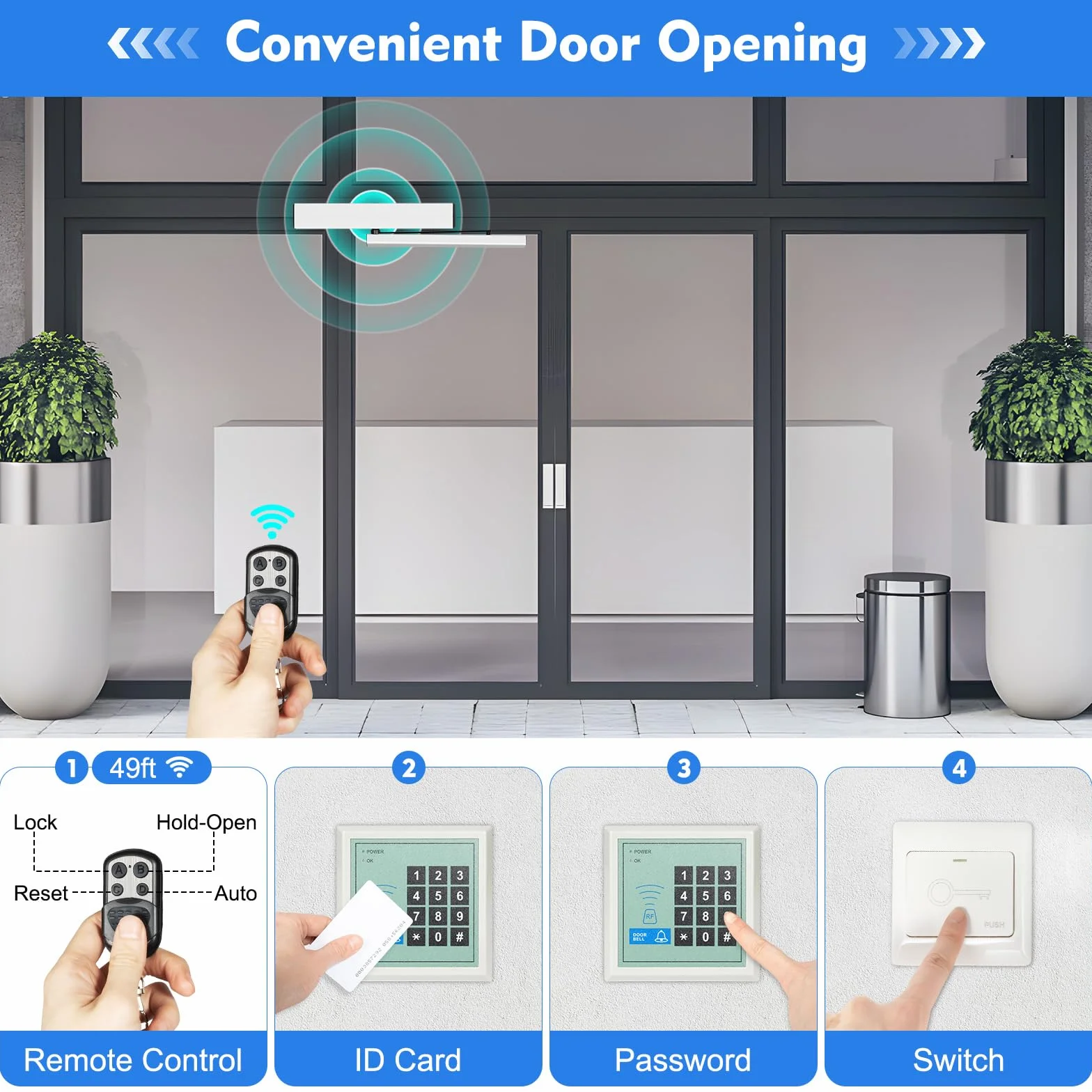 Abridor automático de puerta batiente, Abridor de puerta eléctrico Cerrador de puerta con mandos a distancia, Modo manual/automático, Abridor de puerta eléctrico para oficinas, hospitales, bancos