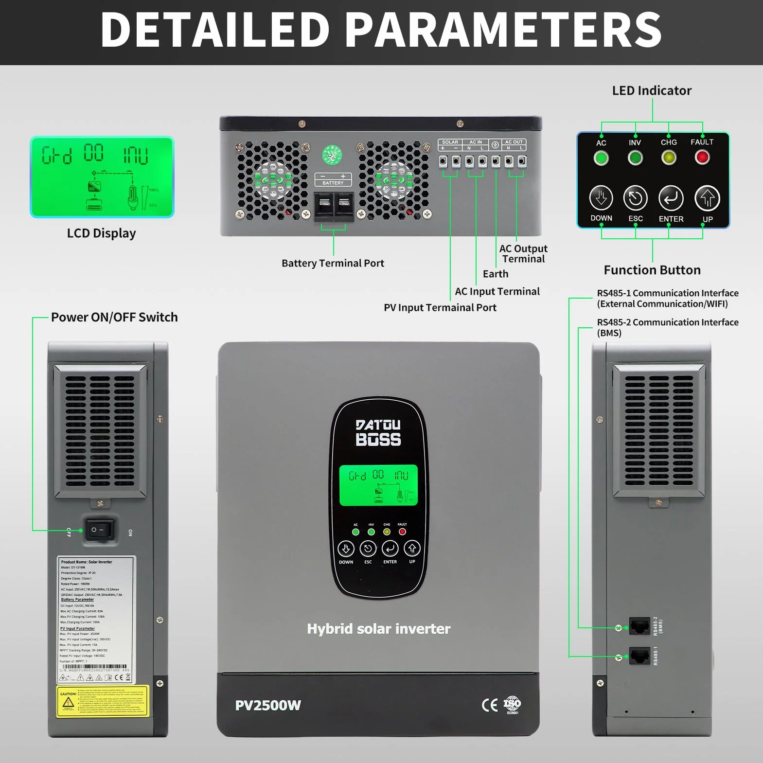 DATOUBOSS 1800W Inversor Solar Híbrido 12V, Onda Pura, Entrada fotovoltaica de 2500W,admite Funcionamiento sin batería, 100A MPPT,admite baterías de 12V.