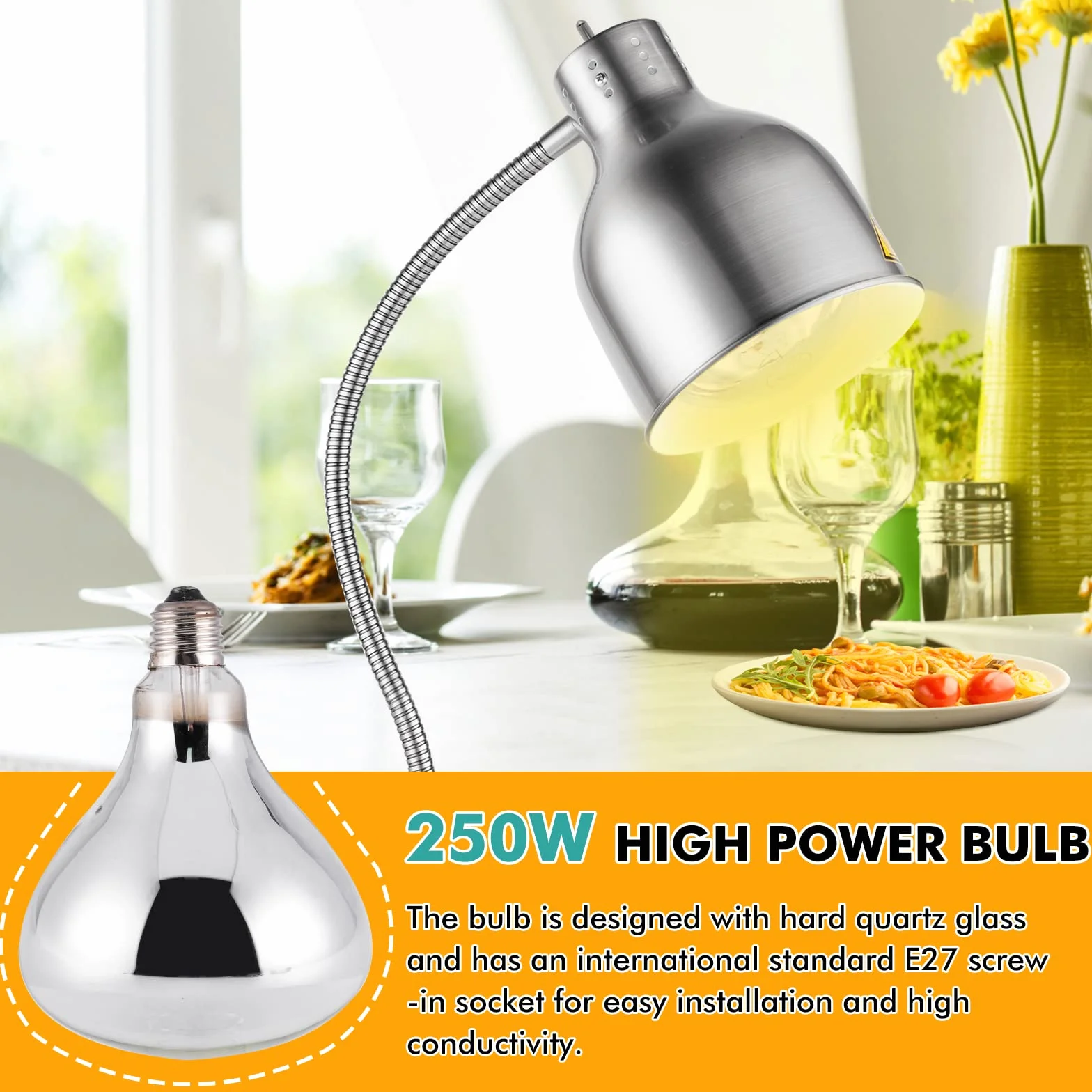 YJINGRUI Lámpara de calor para alimentos de pie, 250 W, plateada, con manguera extensible hasta 70 cm, para buffet, cocina, restaurante (bombilla única)