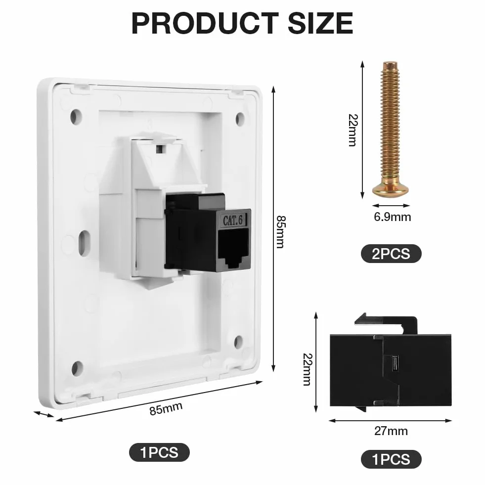 OFFCUP Placa de Pared Ethernet Cat 6, Zócalo de Red Gigabit RJ45 Blindado, Salida 1 Puerto, 86x86mm