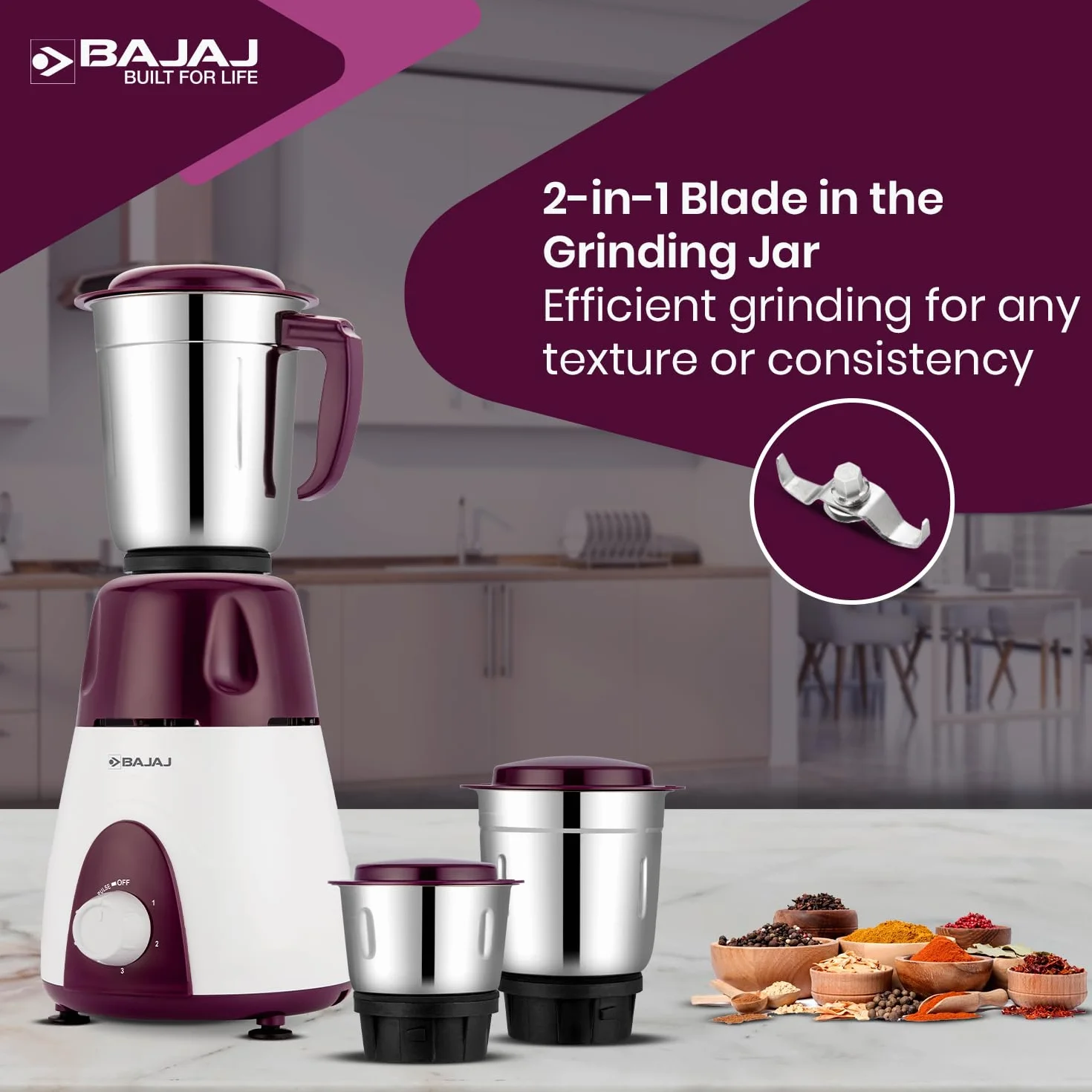Bajaj Rex - Molinillo mezclador de 500 W, mezcla para cocina con características Nutri-Pro, 3 tarros mezcladores SS para molienda resistente, control de velocidad ajustable, sistema de cuchillas