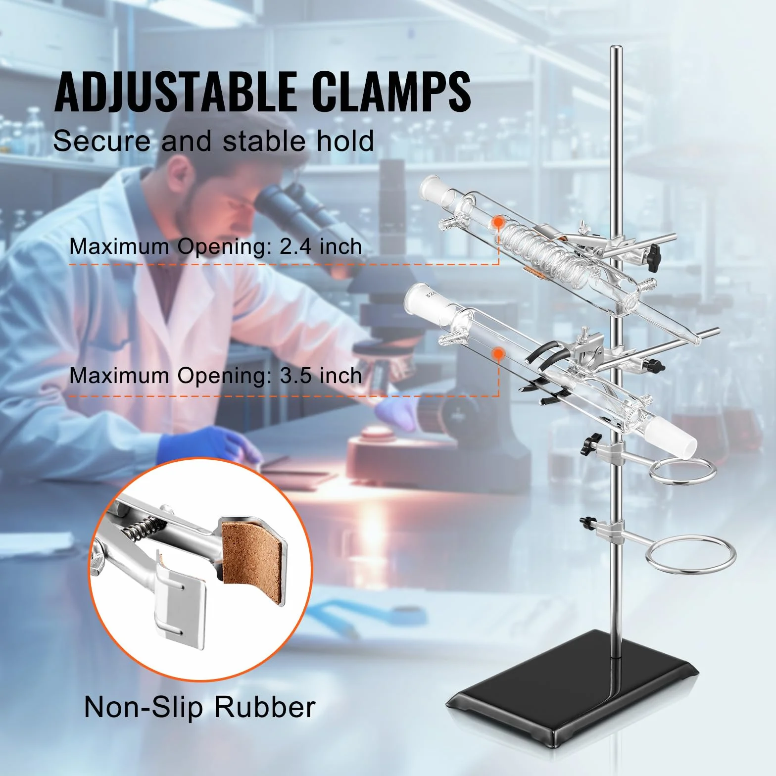 VEVOR Soporte de Laboratorio 2 Juegos Acero Varilla 60cm Base Hierro Fundido 210,82x135 mm con Abrazaderas
