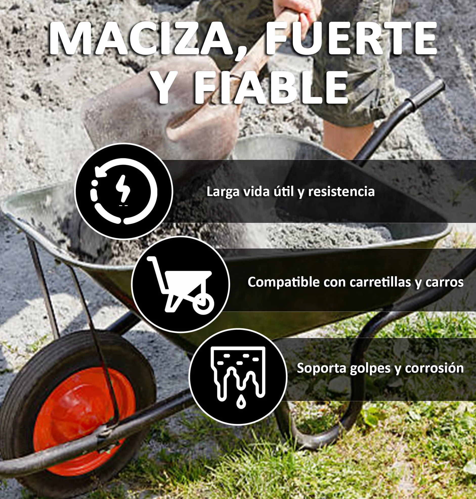 Rueda Para Carretilla Maciza 3.50-8 Con Eje Metálico Impinchable Núcleo De Acero 36 Cm Diámetro