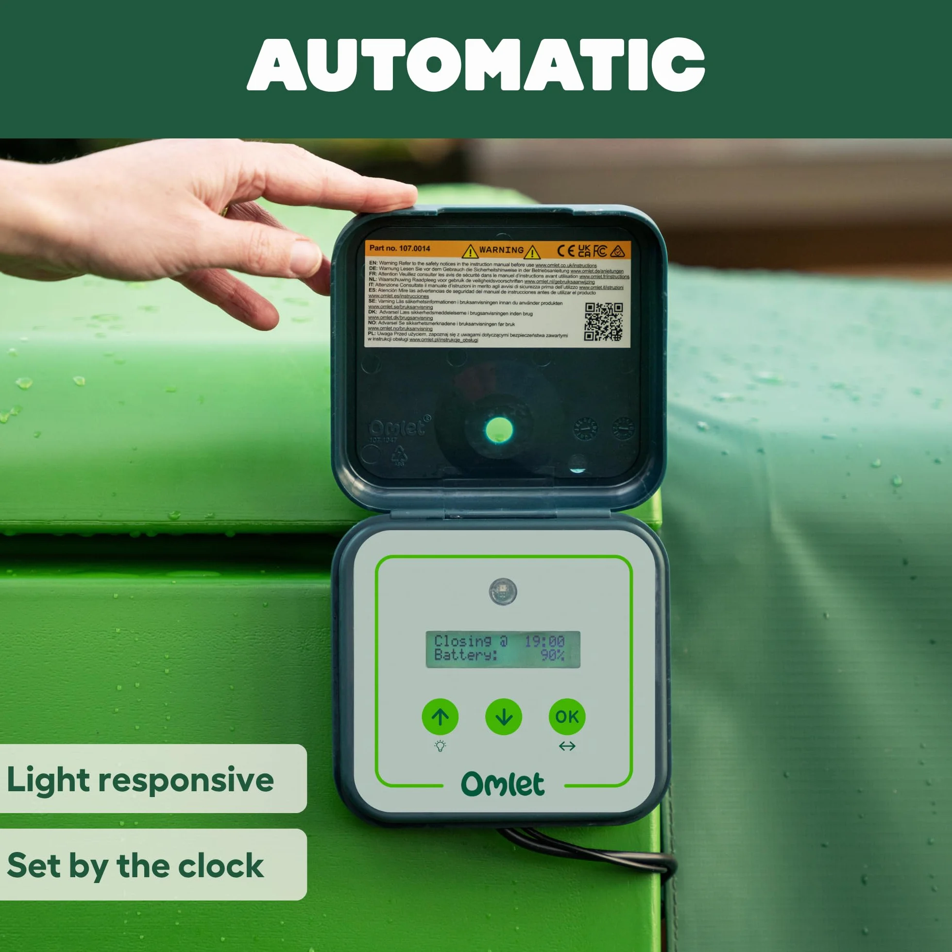 Omlet Puerta automática inteligente para gallinero | Wi-Fi habilitada | Programable con aplicación o panel de control | Operada por sensor de luz o temporizador | Alimentada por red o batería |
