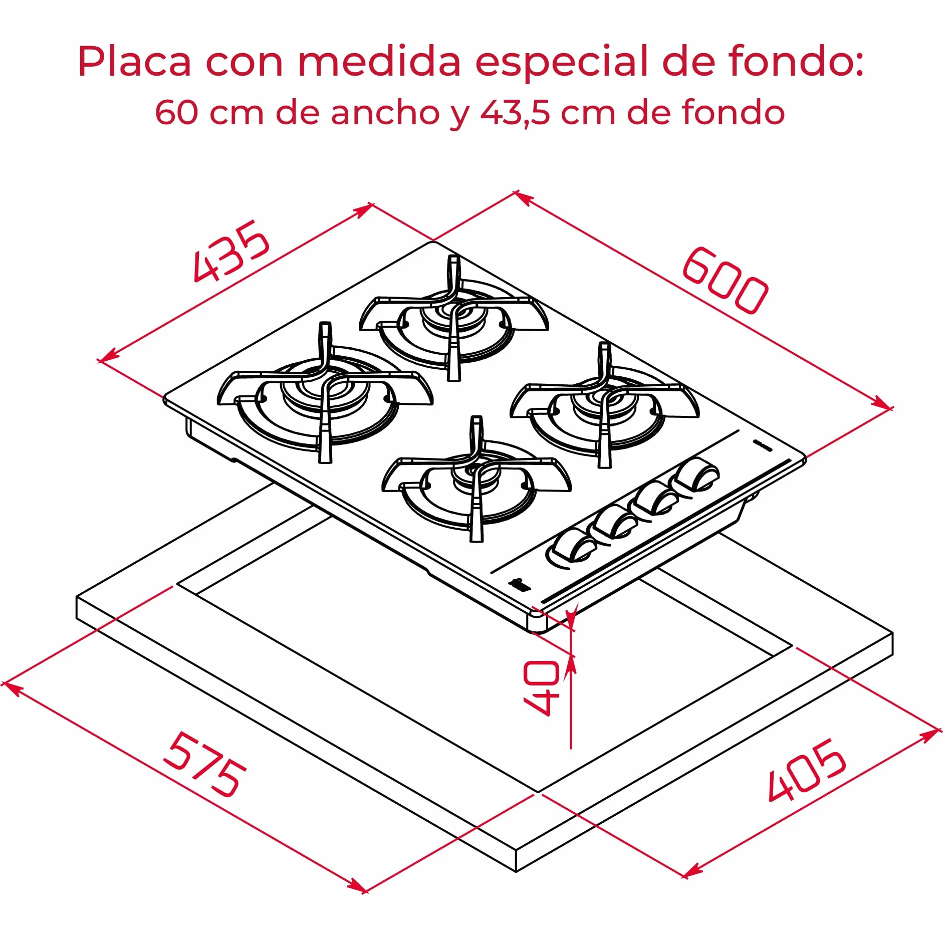 TEKA Placa de Gas Butano 60 cm 4 Quemadores Autoencendido Seguridad Termopar Cristal Templado GBC 64003