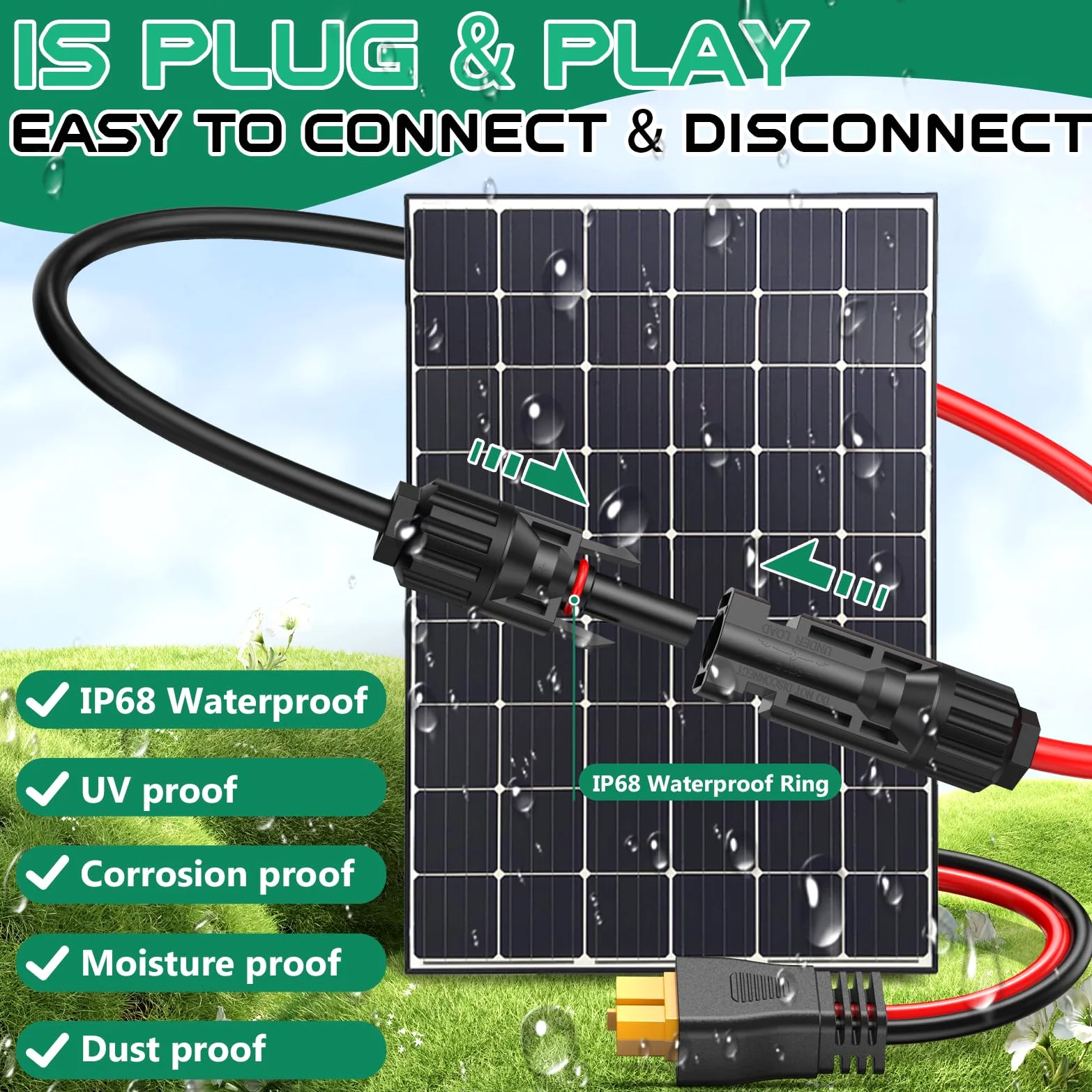 Cable de extensión solar XT60 de 10 AWG de 50 pies para estación de energía portátil | Cable adaptador XT60 de cobre estañado, conector de panel solar para RV, carga de batería, generador solar, certificado TUV