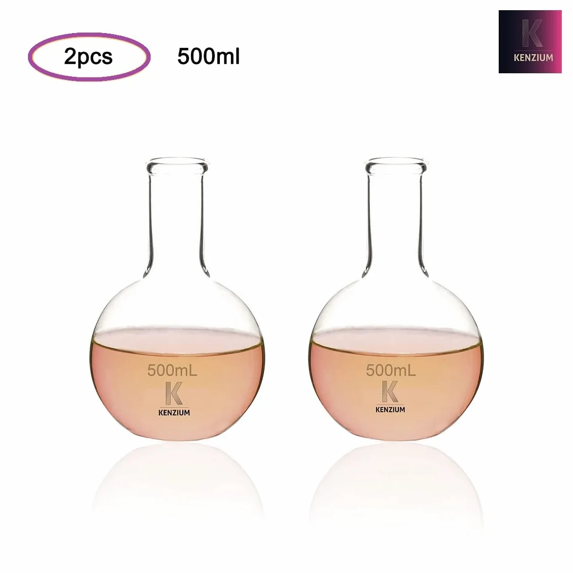 KENZIUM – 2 x Matraz Esférico de Fondo Plano | 2 x 500 ml | Vidrio Borosilicato 3.3 | Cuello Estrecho | Alta Resistencia, Ideal para Ebullición y Uso en Laboratorio