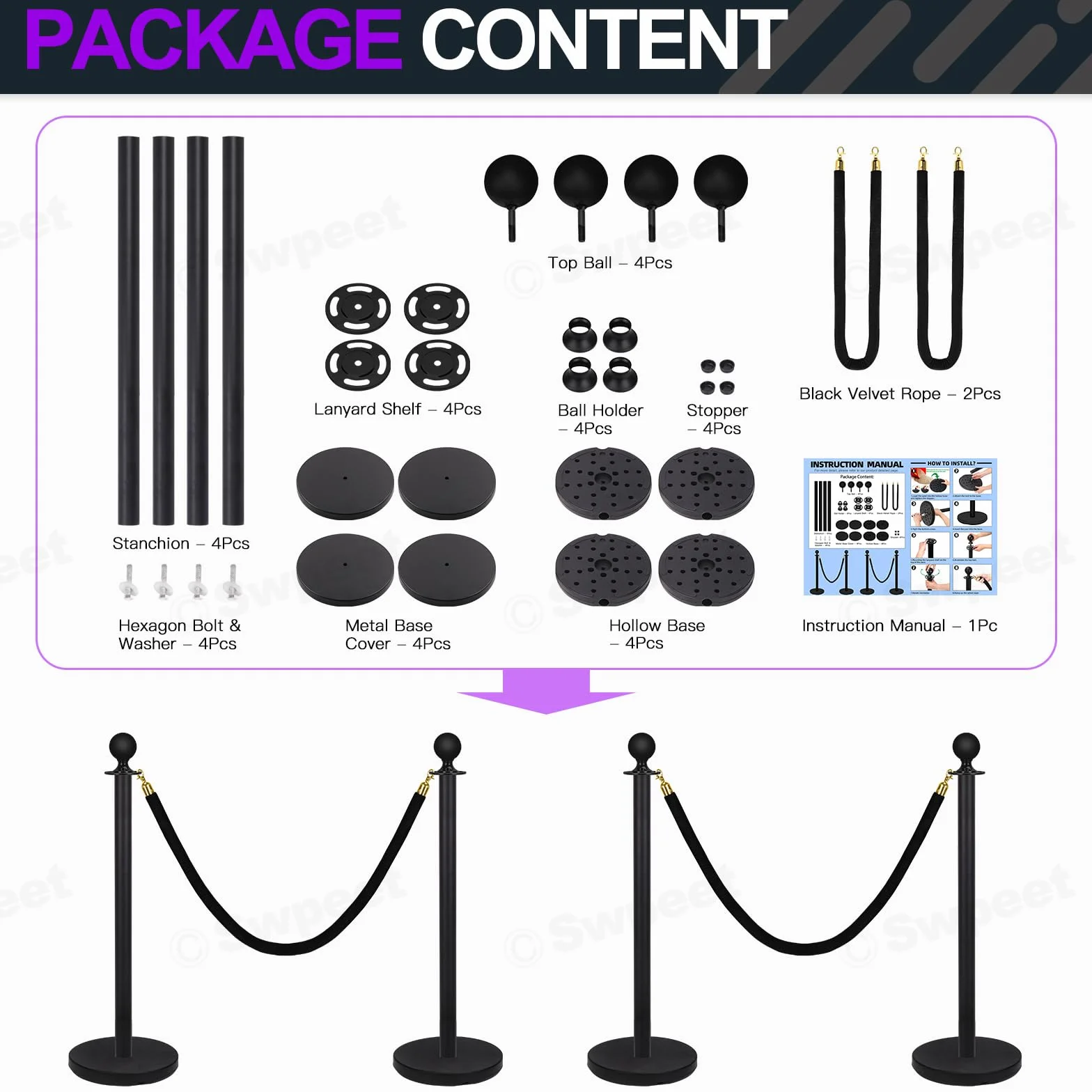 Swpeet 34Pcs Black Stanchion Post Queue Kit con Cuerda de Terciopelo Negro 5 Pies, Postes 38 Pulgadas, Base Metálica