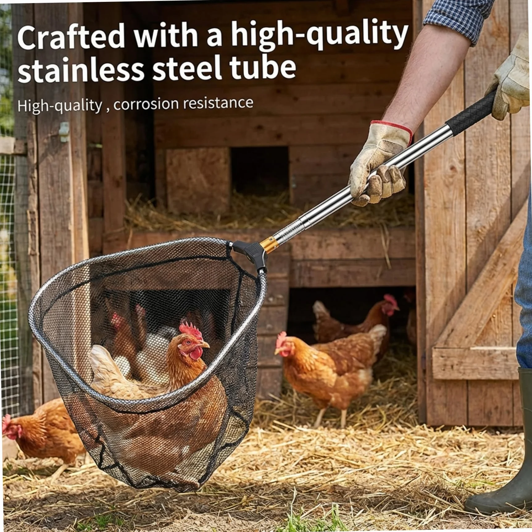 Colector de pollos, Red de captura de pollos, Colector telescópico con extensión de tubo de acero inoxidable, Gancho para aves de corral para pájaros, perros y animales pequeños