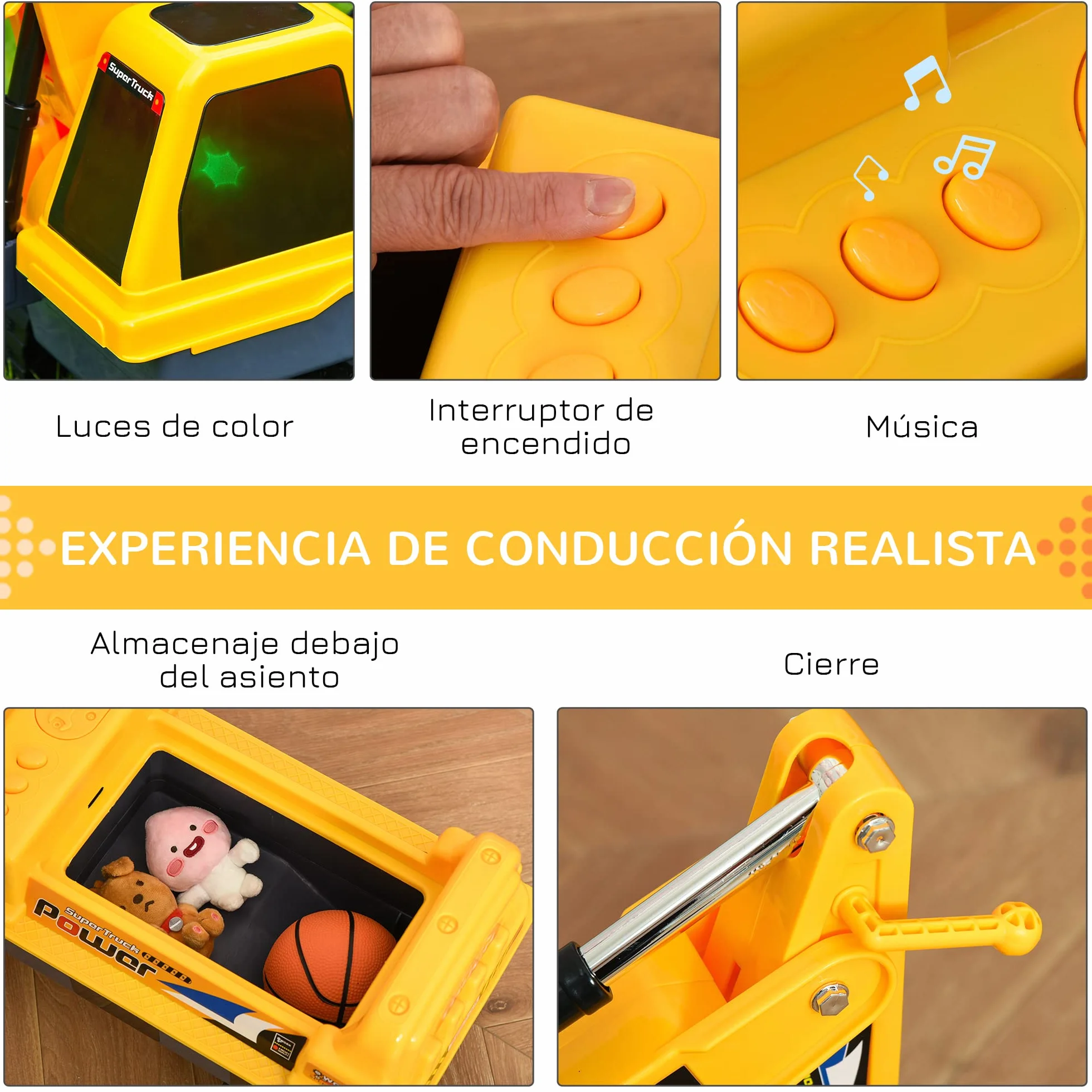 HOMCOM Tractor sin Pedales para Niños Excavadora Correpasillos con Pala Delantera Luces Música 90x28x58 cm Amarillo