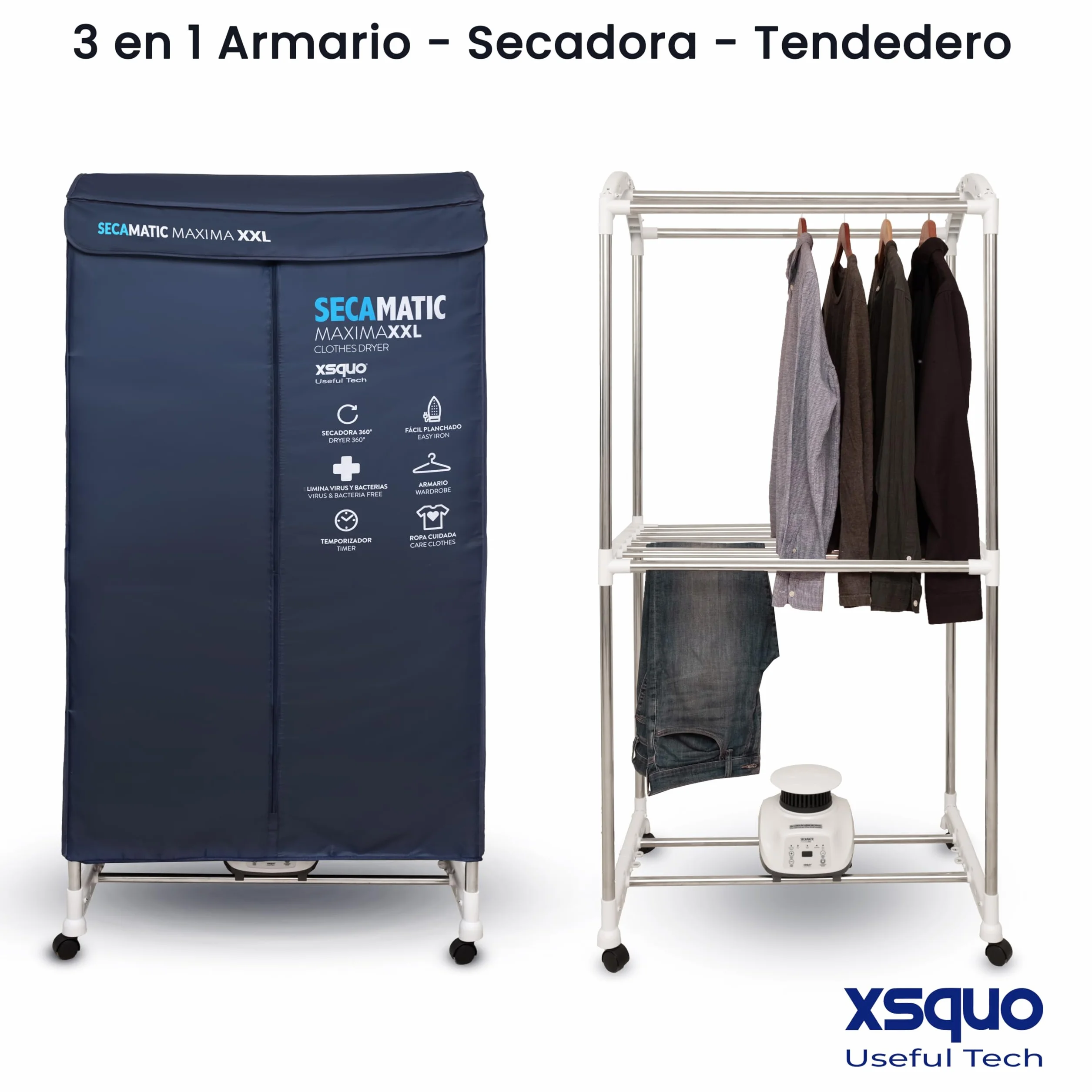 Secadora de ropa Secamatic XXL 1500W 12 kg 20 kg Tendedero Armario control remoto Temporizador digital 180 min ECO Turbo Plus Frio