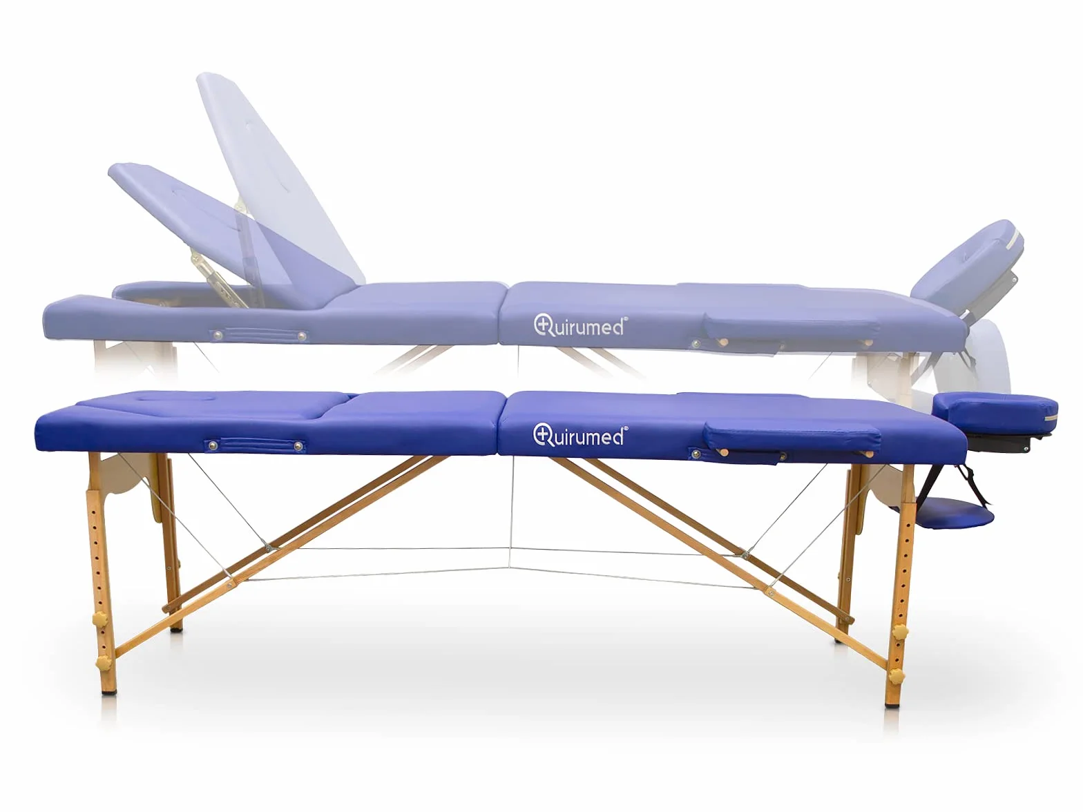 QUIRUMED Camilla Plegable de Madera Pro, 194 x 70 cm, con Respaldo abatible, Color Morado, Polipiel, Orificio Facial, Cabezal extraíble, Altura Regulable, hasta 150 kg