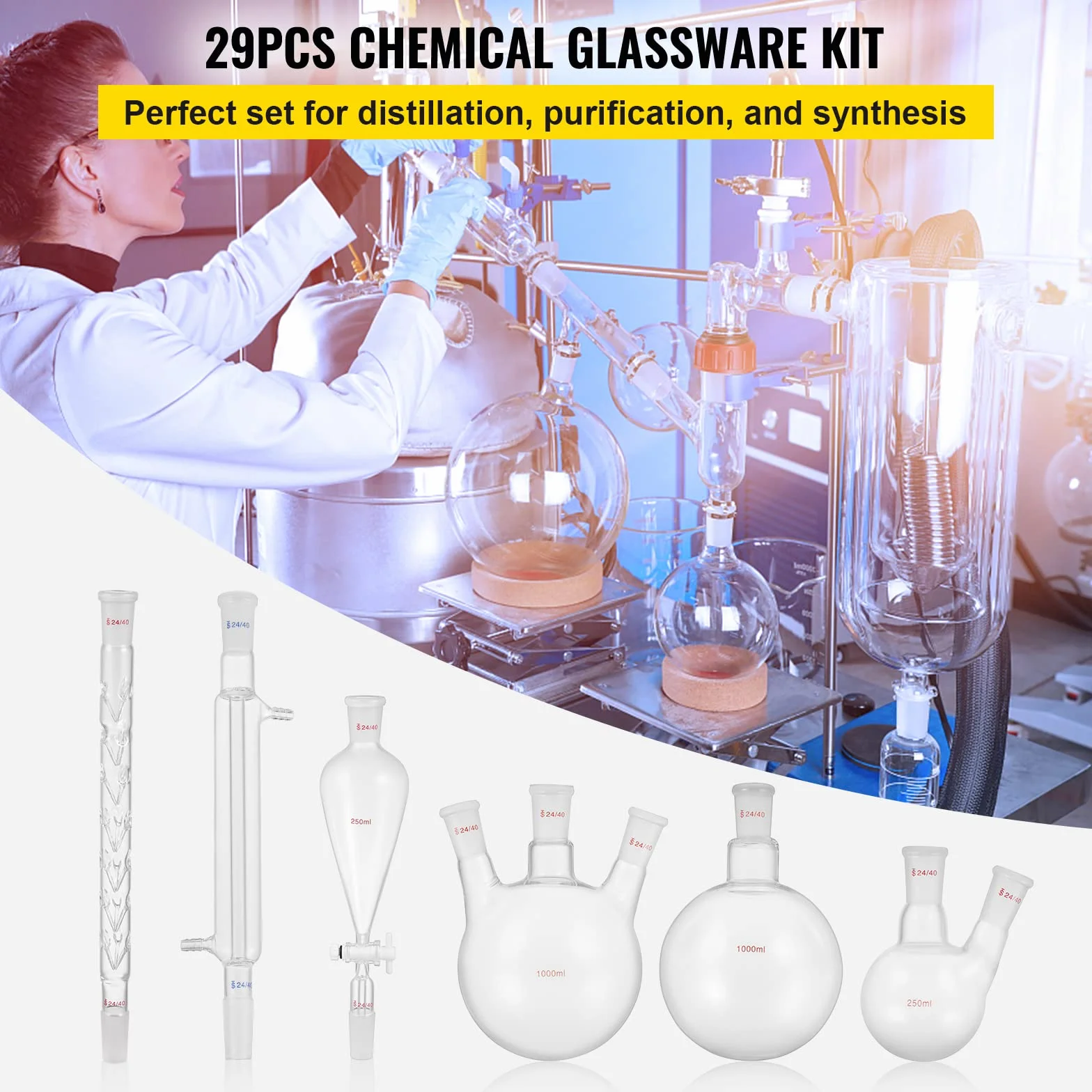 VEVOR Kit de Destilación de Laboratorio de Vidrio Boro 3.3, 1000 ml, 29 Piezas, con 24 y 40 Compuestos