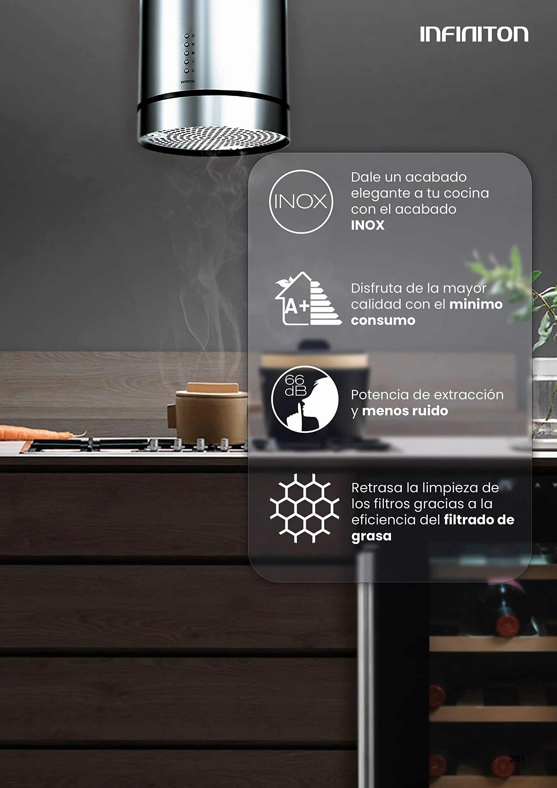 INFINITON CMPY-IST9A Campana de isla Inox 145W 720m³/h 3 velocidades Filtro aluminio 3 capas acero LED 35cm A+