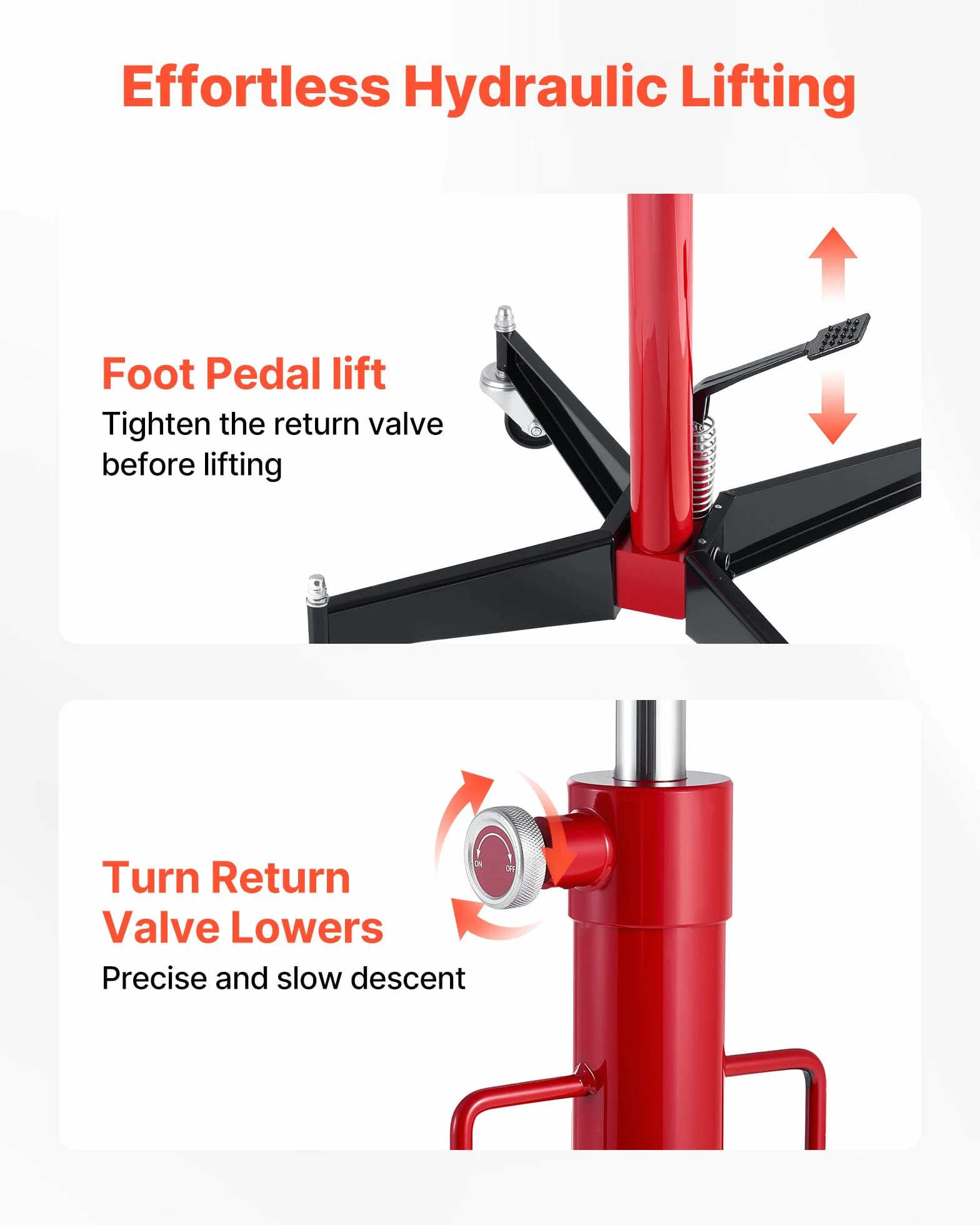 VEVOR Gato Hidráulico para Coche, Capacidad de Elevación 500 kg, con Pedal, Rueda Giratoria de 360°, Altura de Elevación de 127-202 cm, para Taller/Garaje, Rojo y Negro, 640 x 575 x 1360–2115 mm