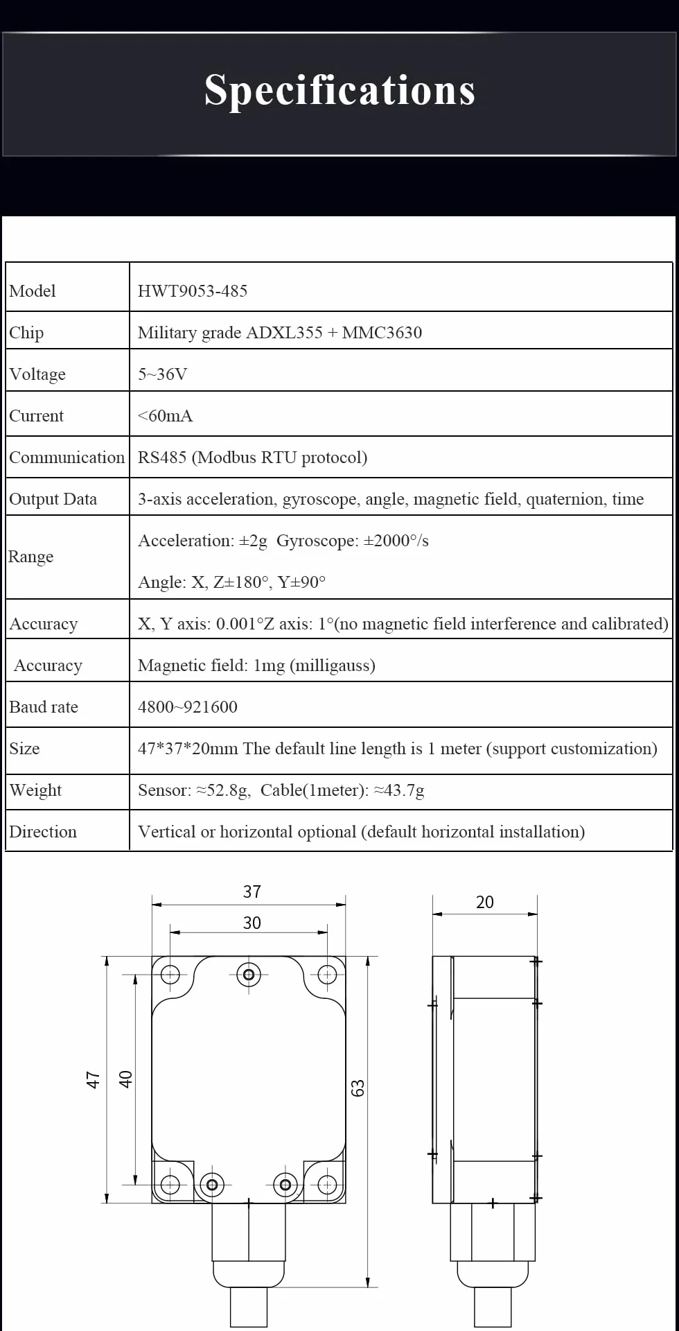 【X/Y±0.001°】 WitMotion HWT9053-485 Sensor de brújula electrónica + giroscopio de 3 ejes, ángulo triaxial IP68 MPU9250 AHRS IMU Compensación de temperatura y magnetómetro para ROS
