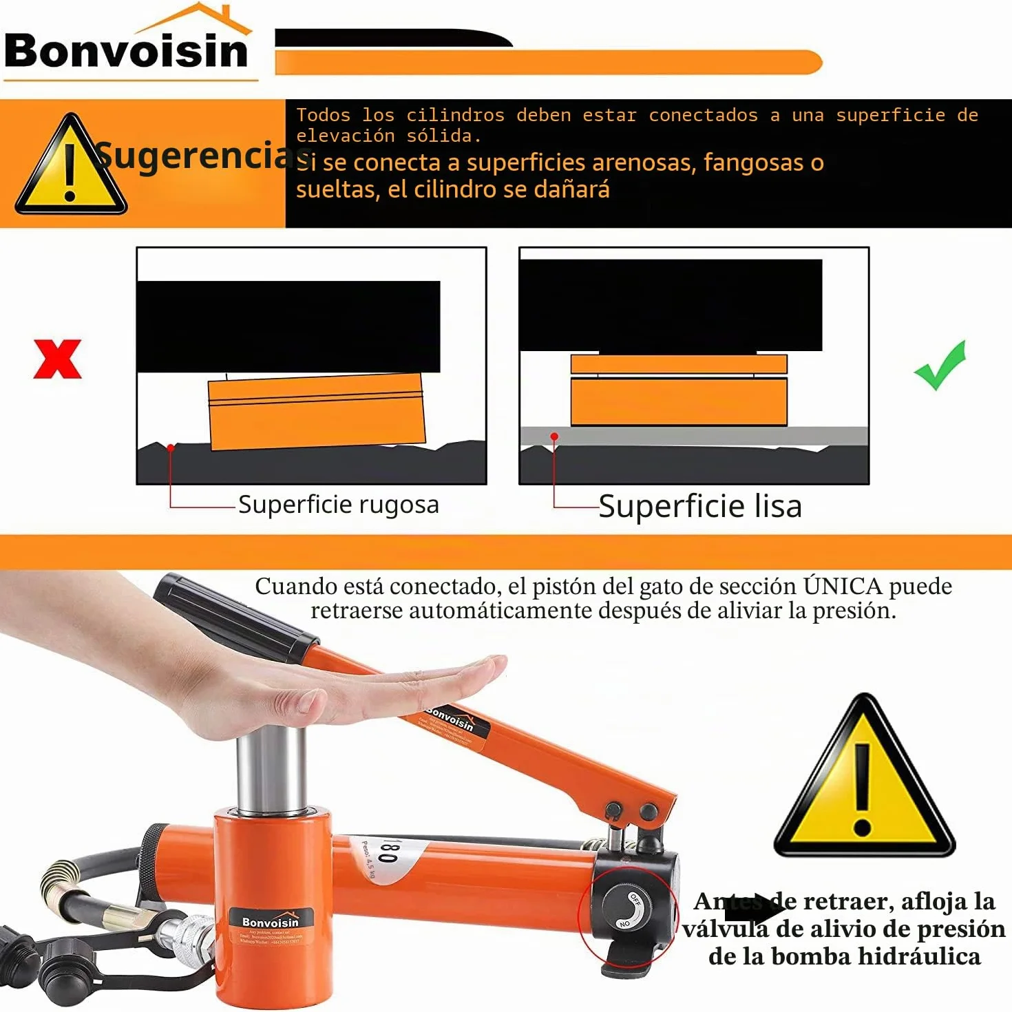Bonvoisin 20T Gato Hidráulico, Elevación 50mm, Altura Propia 106mm, para Ingeniería Mecánica, Edificios y Puentes (RSC-20T)