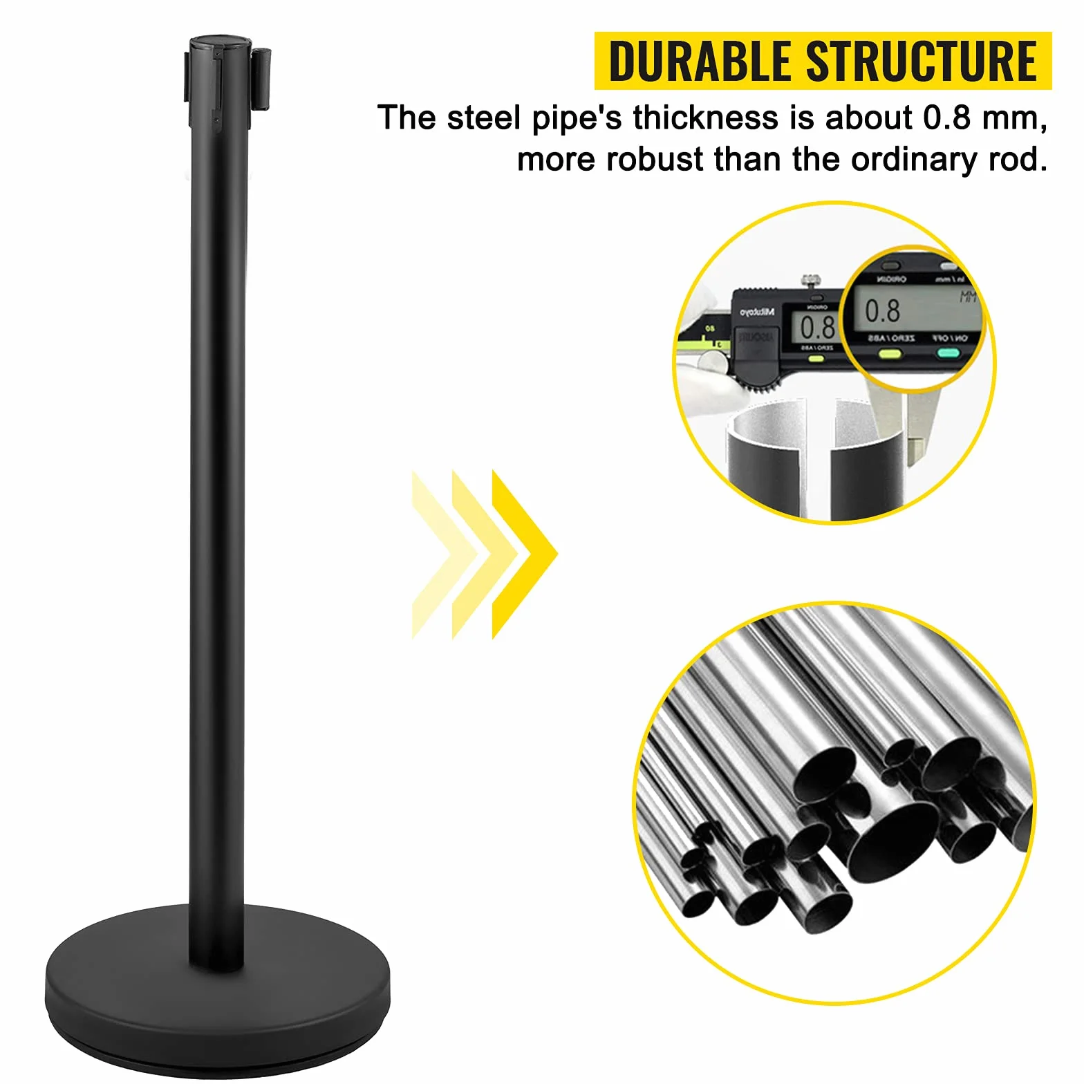 VEVOR Postes Separadores 8 piezas Altura 90 cm Negros Poste Separador con Cinta Extensible de 2 m Diámetro de Base 32 cm Postes de Barrera de Control de Multitudes Retráctiles (8 pcs, Negro)