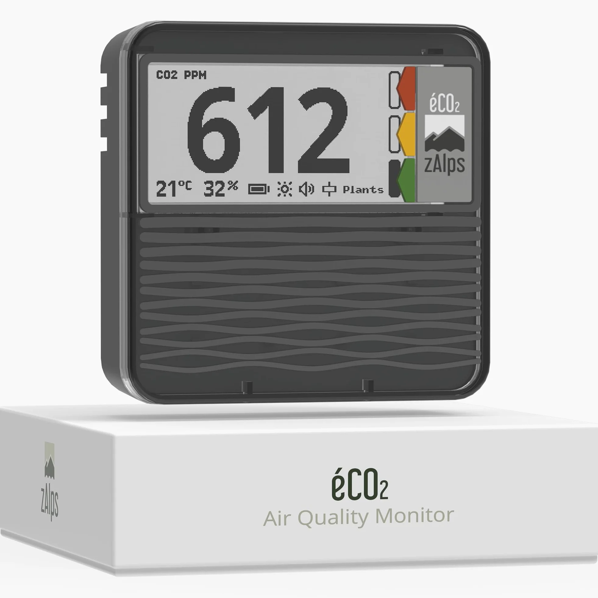 Eco2 – Monitor de calidad del aire interior – Detector de CO2 preciso y duradero – Sensor de CO2, temperatura y humedad – Independiente y portátil – Perfecto para hogar/oficina/escuela