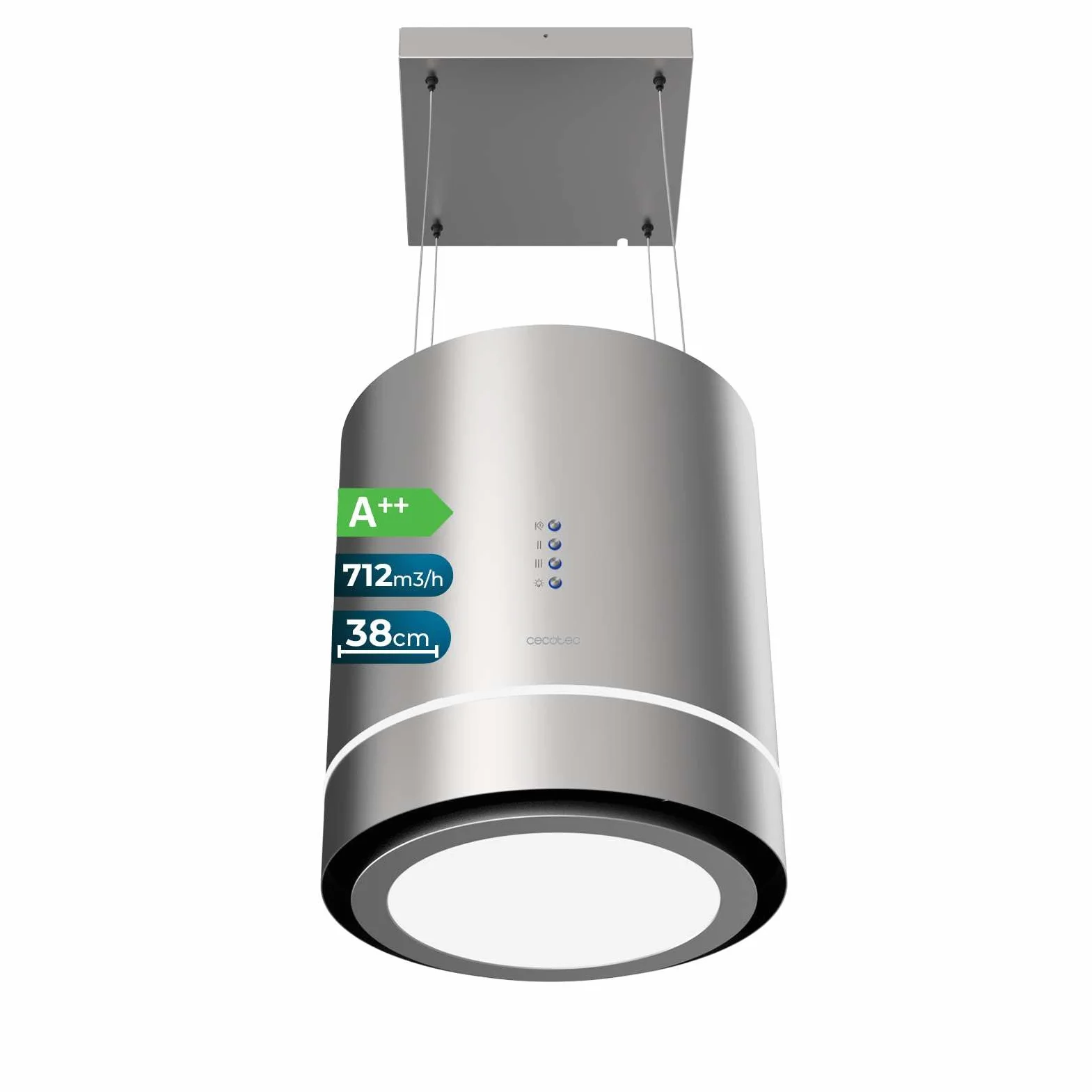 Cecotec Campana Extractora 44cm En Isla Redonda Bolero Flux Cre 448000 Inox A++ Acabado Acero Inox Succión 800m3/h Motor 210W Control Electrónico Luz Filtro Carbono