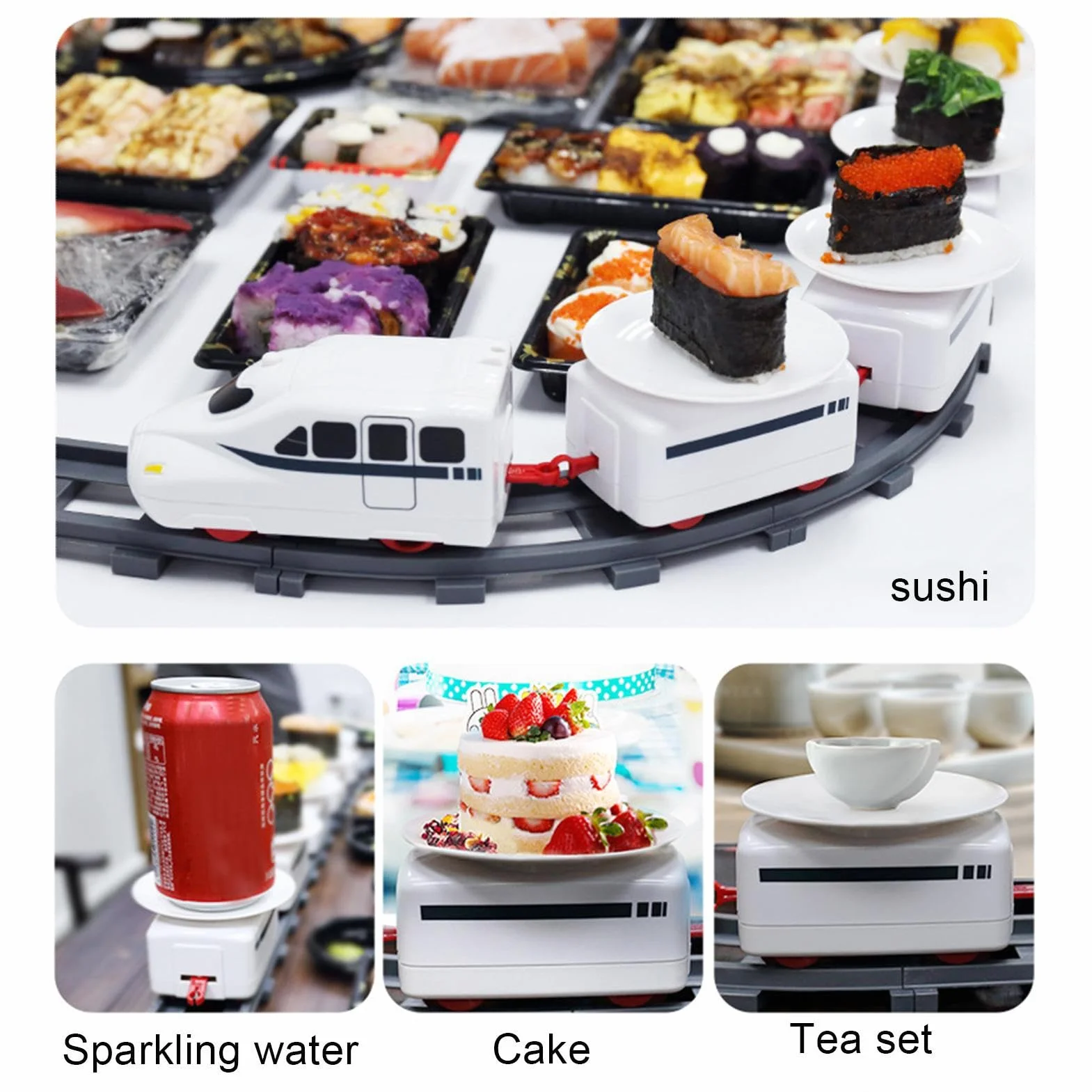 Vagón ferroviario sushi cinta transportadora ABS eléctrico tren niños 14x6 cm riel incluido