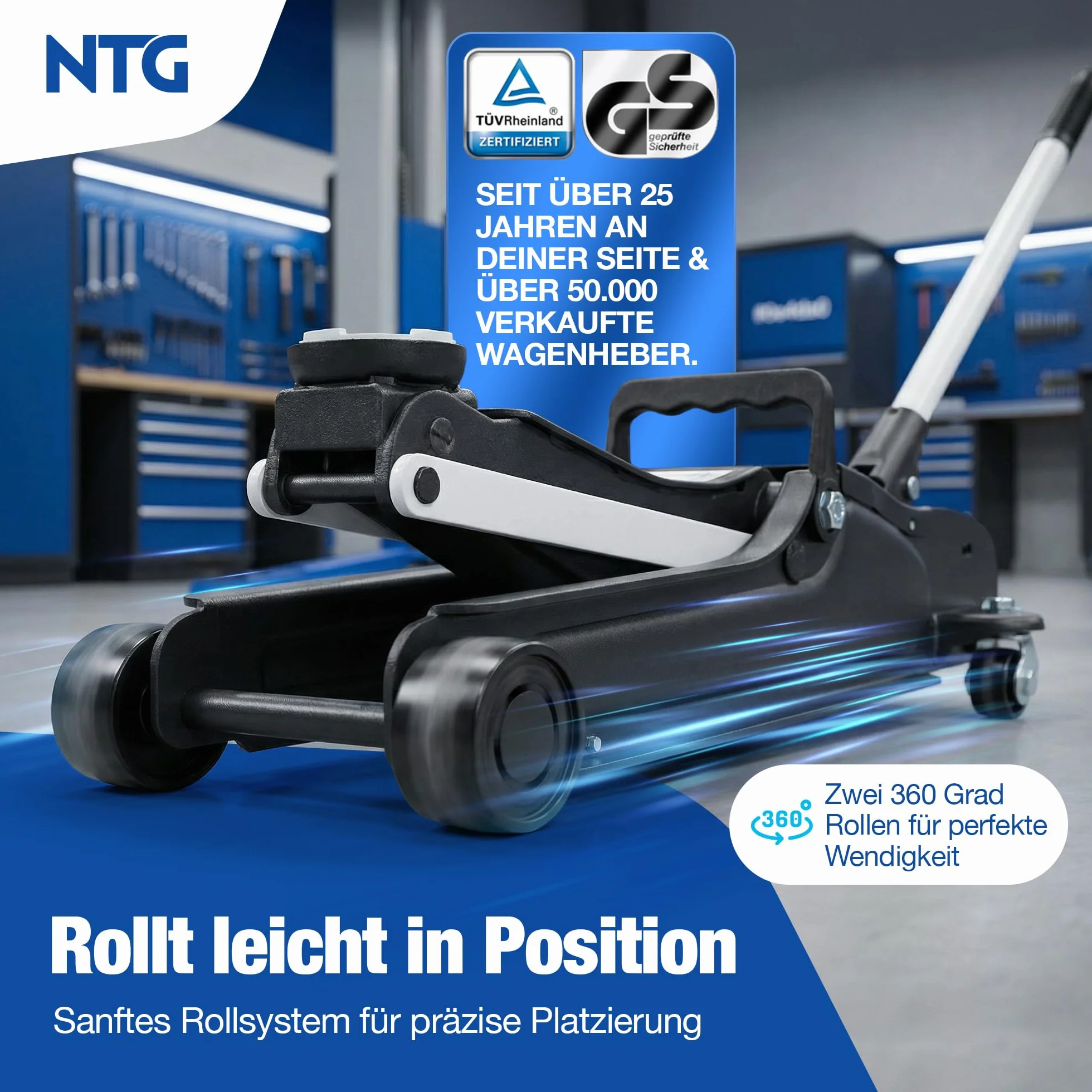 Gato hidráulico 2,5T certificado TÜV (85-375 mm altura de elevación) – Gato hidráulico profesional plano para coches bajos, elevador NTG (+ revestimiento de goma con ranura)