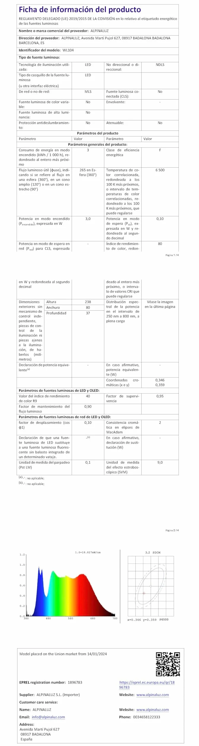Alpinaluz Luz de Emergencia LED 3W con Batería de Litio, 265lm, 3 Horas