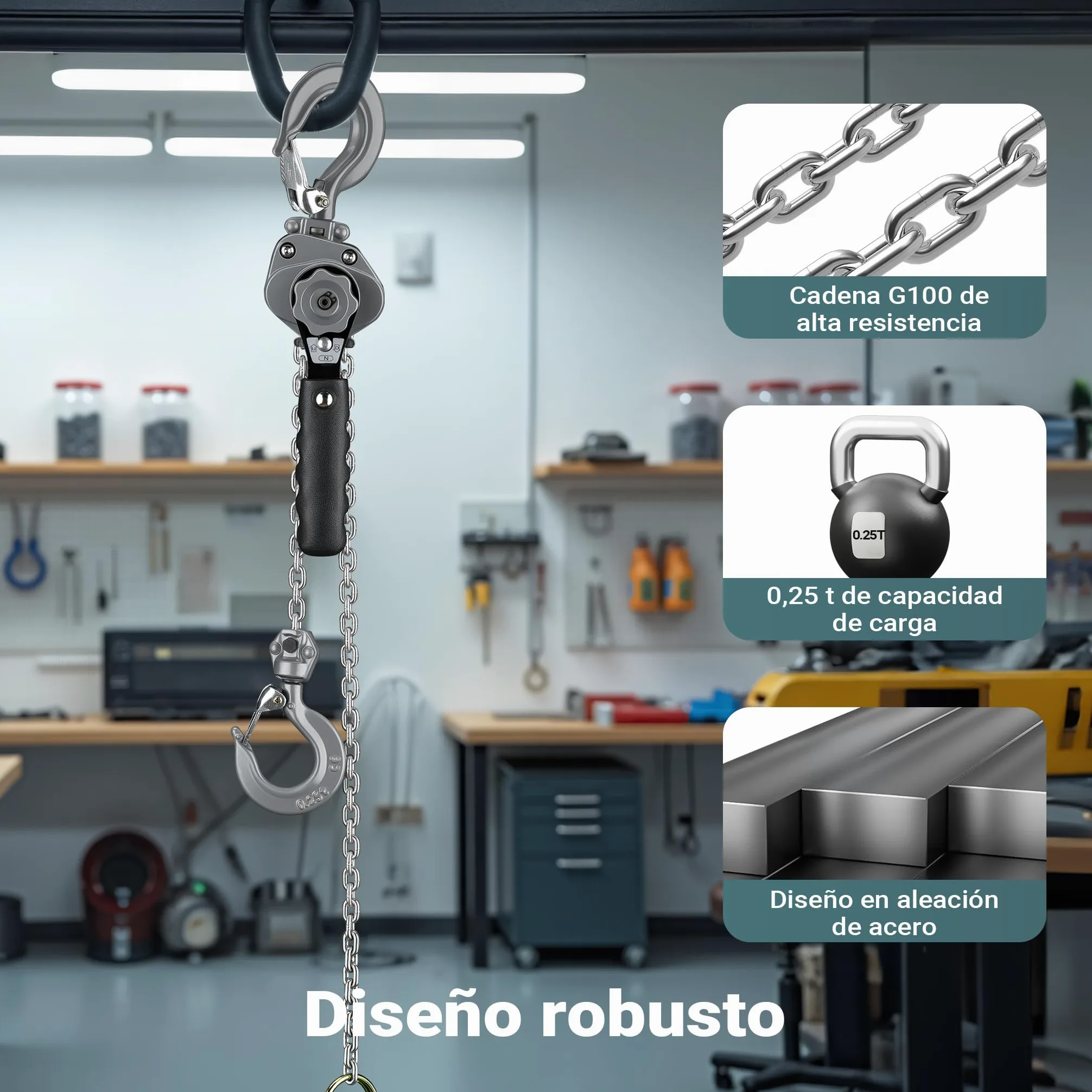 Wiltec Mini polipasto de palanca 250 kg con cadena G100 y carcasa de aluminio cabrestante manual de 1,5 m de elevación sistema de freno y engranaje reductor para mayor seguridad y facilidad de uso