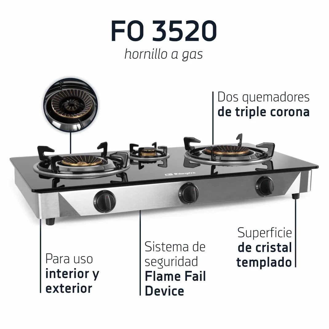 Orbegozo FO 3520 Hornillo A Gas 3 Fuegos, 2 Quemadores Triple Corona, Butano Propano, Encendido Piezoeléctrico, Cristal Templado, Inox
