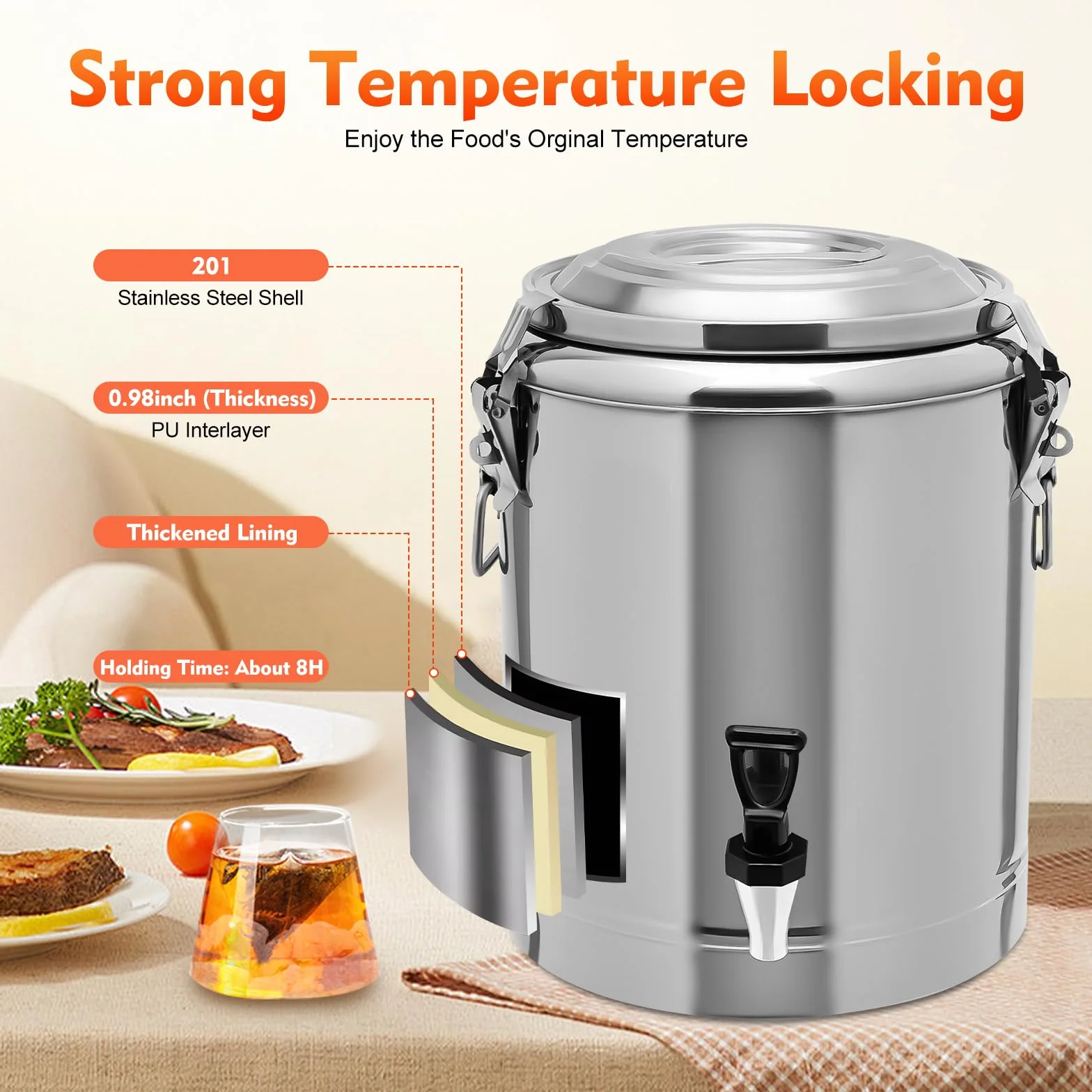 Cubo aislado de acero inoxidable 20L para camping, catering y picnic