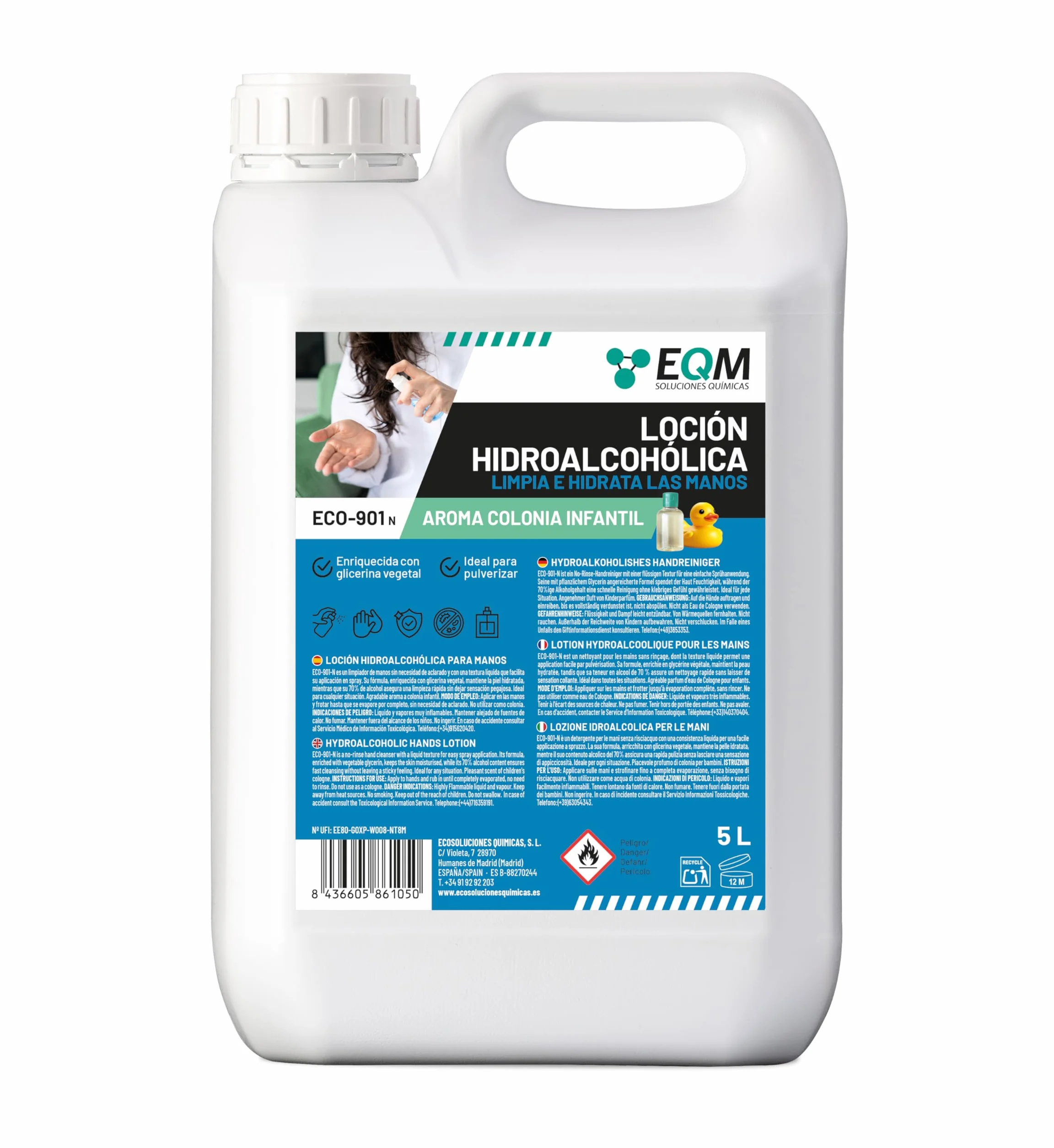EQM ECO-901N Loción Hidroalcohólica de Manos Perfumada 5L con Glicerina