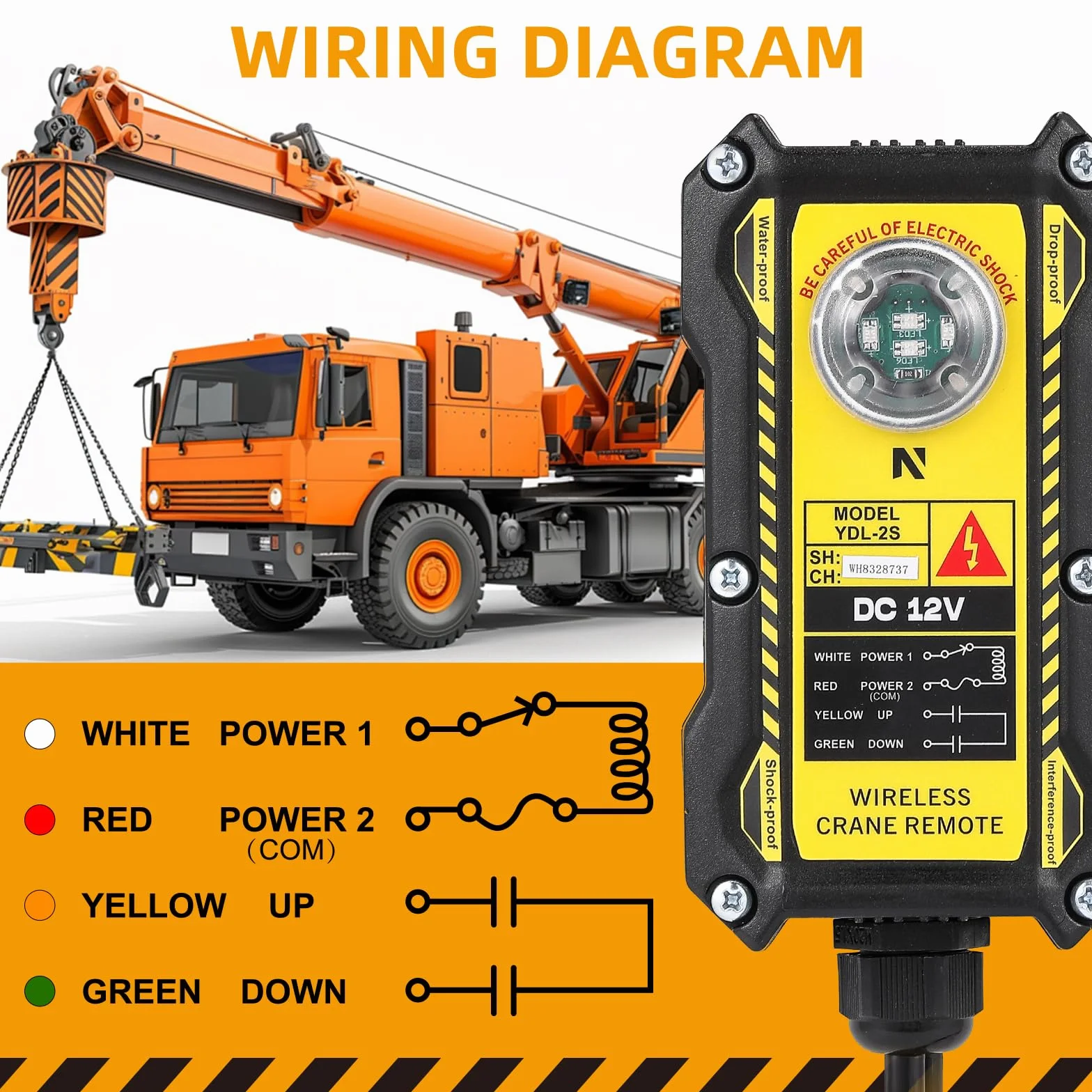 NEWTRY Mando a distancia de grúa de 12 V, control inalámbrico 2 en 1, control inalámbrico de 200 m, alcance de control de 4 botones, para industria, polipasto, camión, grúa, interruptor de elevación
